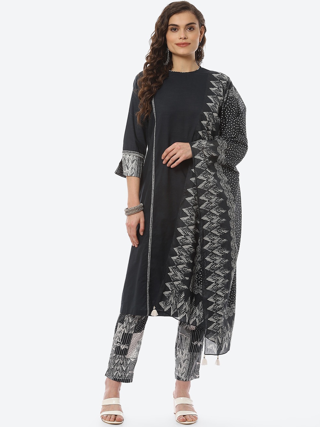 

Biba Women Black Empire Pure Cotton Kurta with Trousers & With Dupatta