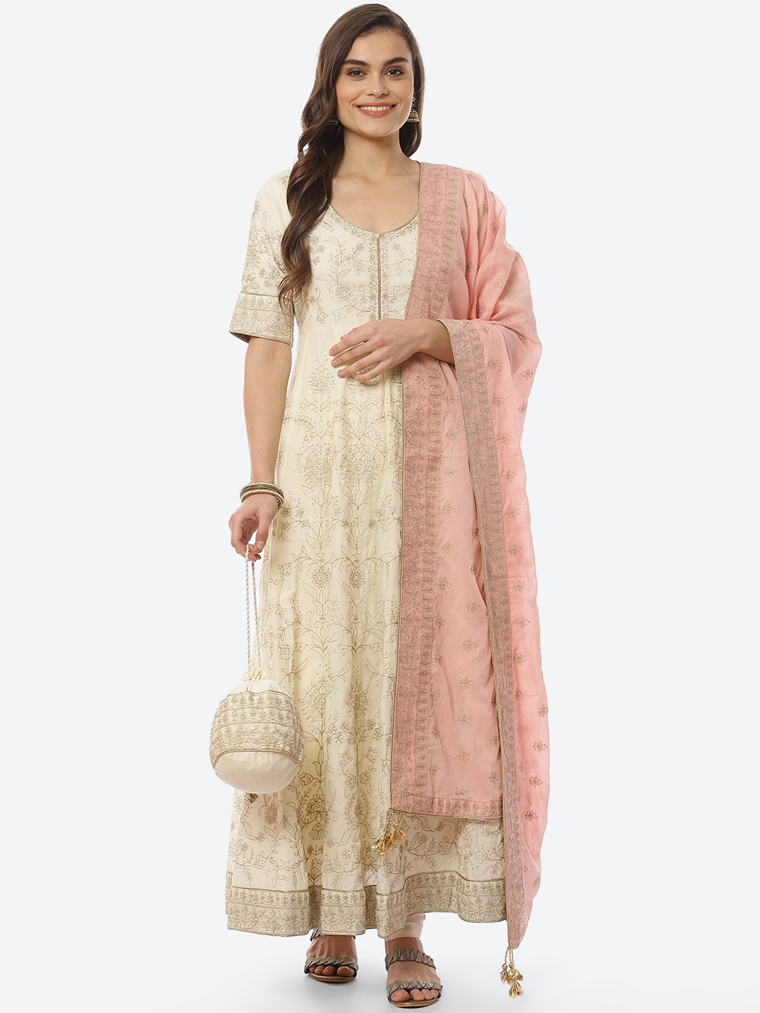 

Biba Women Off White Ethnic Motifs Embroidered Kurta with Trousers & With Dupatta