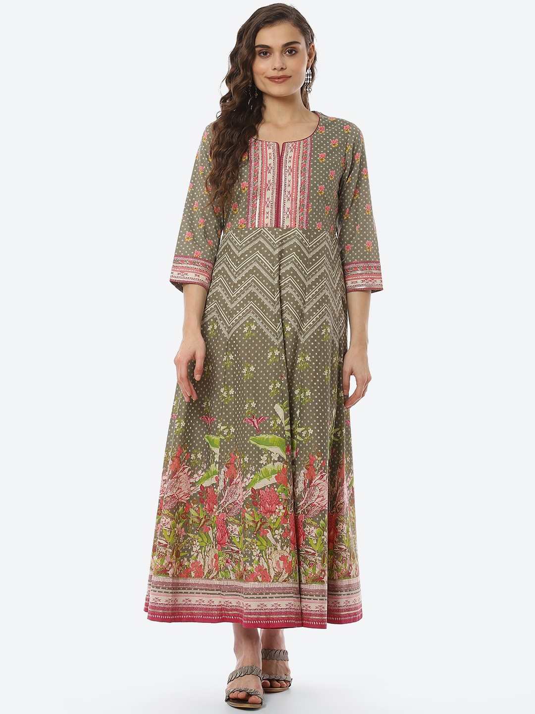 

Biba Women Olive Green Ethnic Motifs Printed Anarkali Kurta