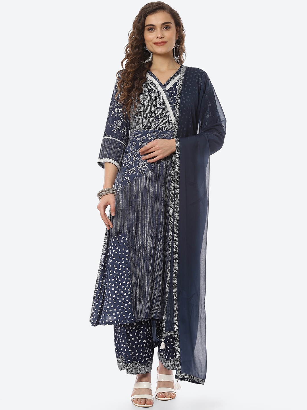 

Biba Women Navy Blue Ethnic Motifs Printed Angrakha Kurta with Palazzos & With Dupatta