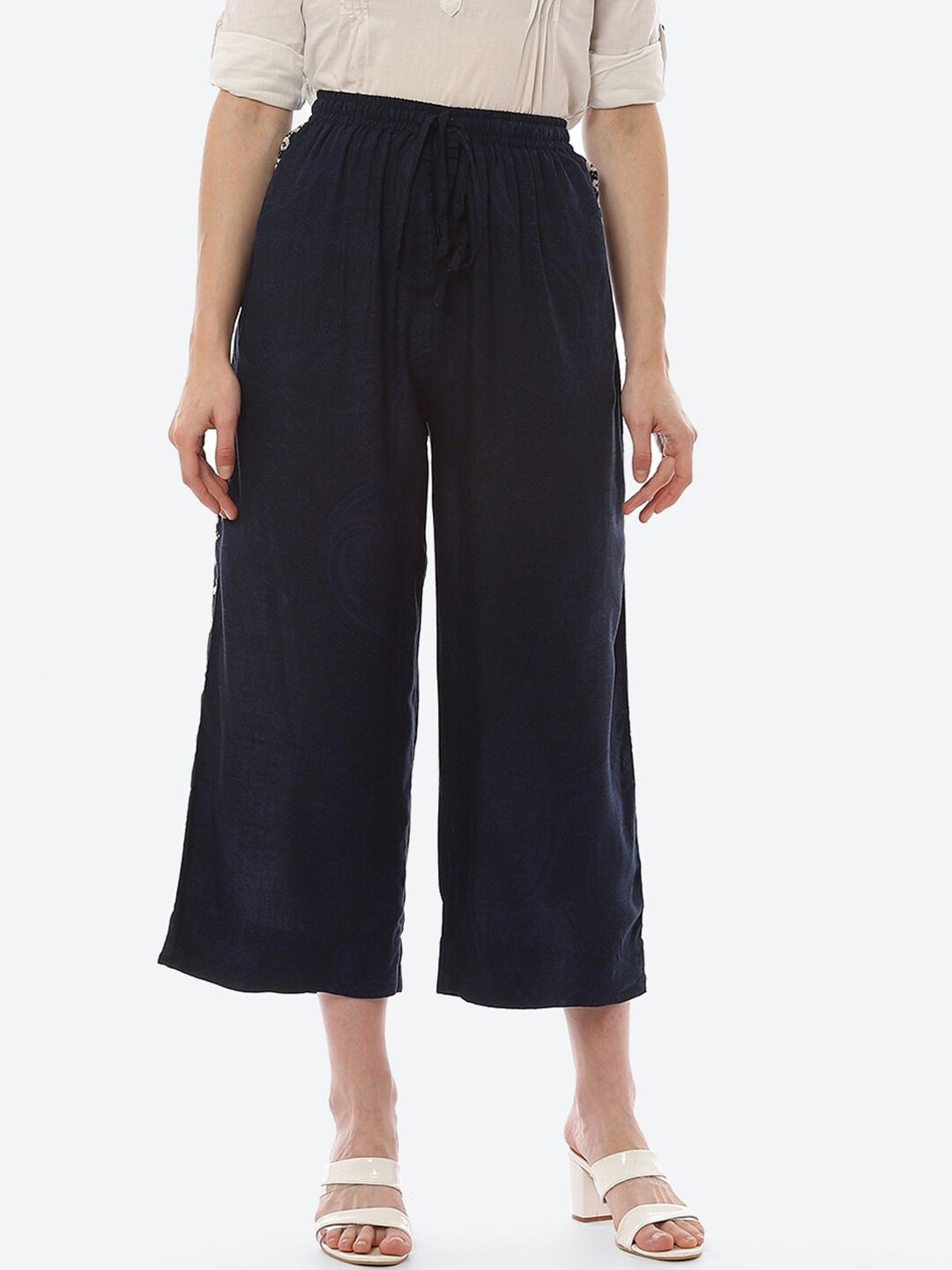

Biba Women Navy Blue & White Solid Cropped Palazzos With Printed side Detail