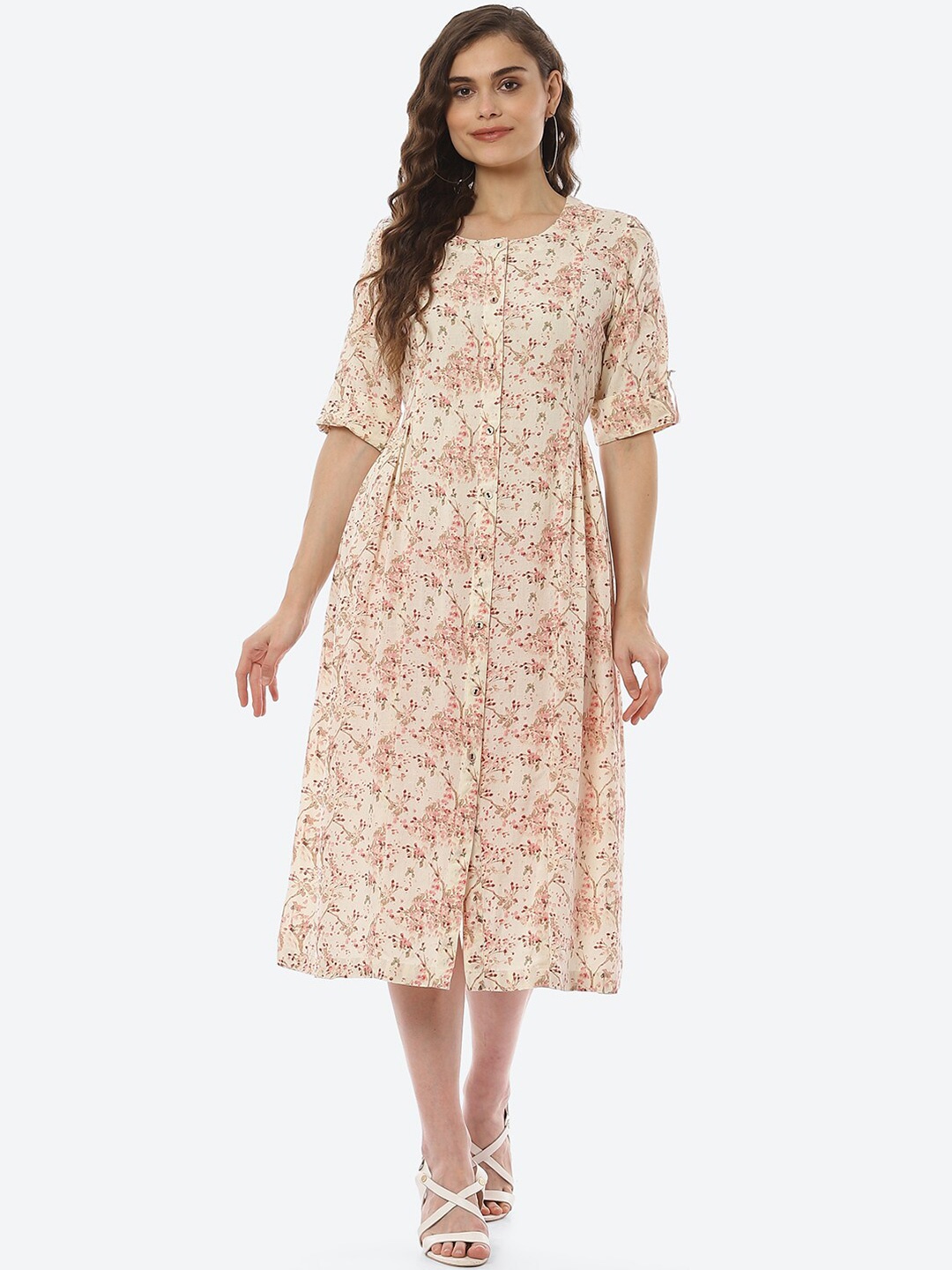 

Biba Off White & Pink Floral Printed A-Line Midi Dress