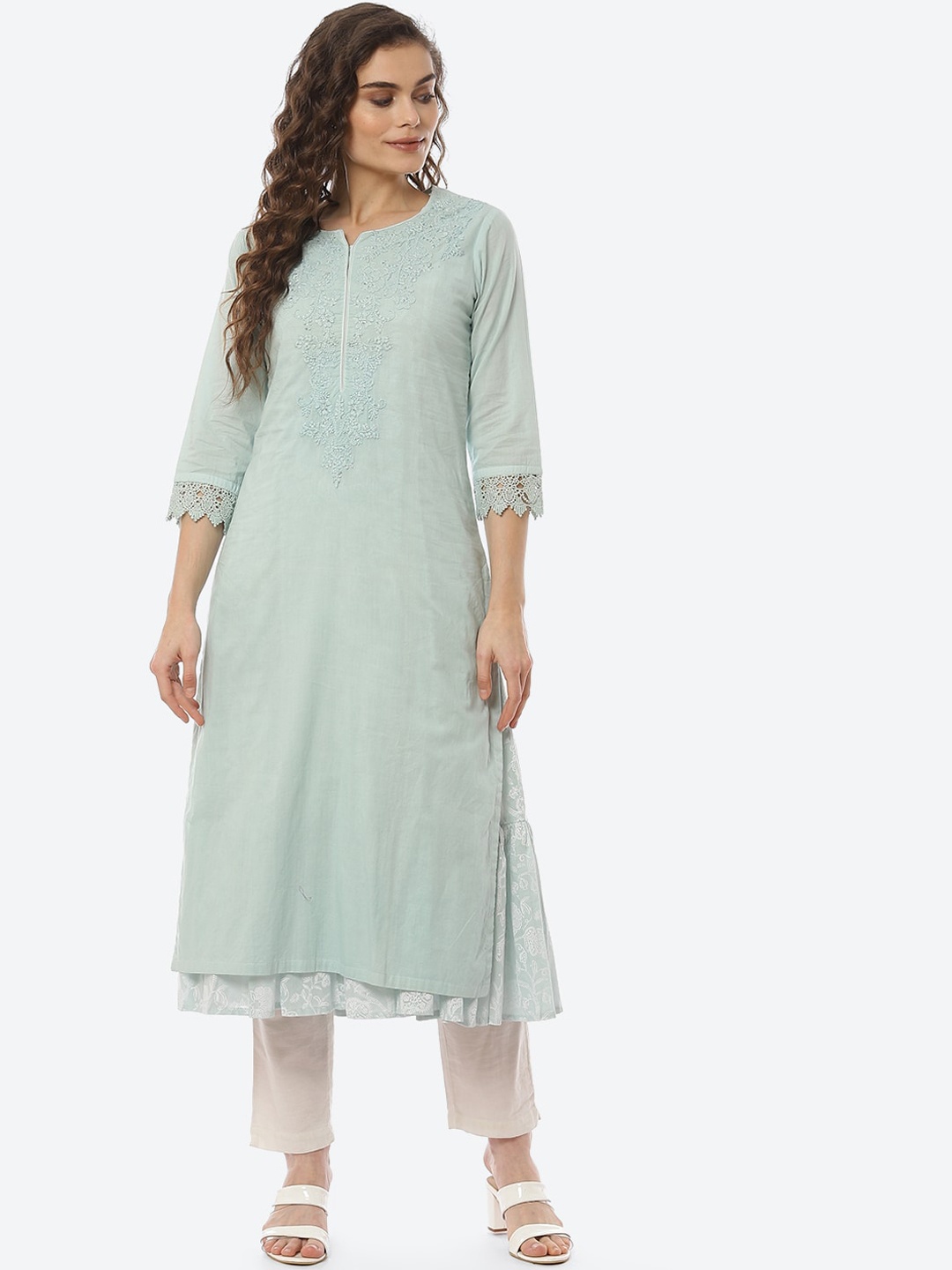 

Biba Women Blue Embroidered Keyhole Neck A-Line Kurta