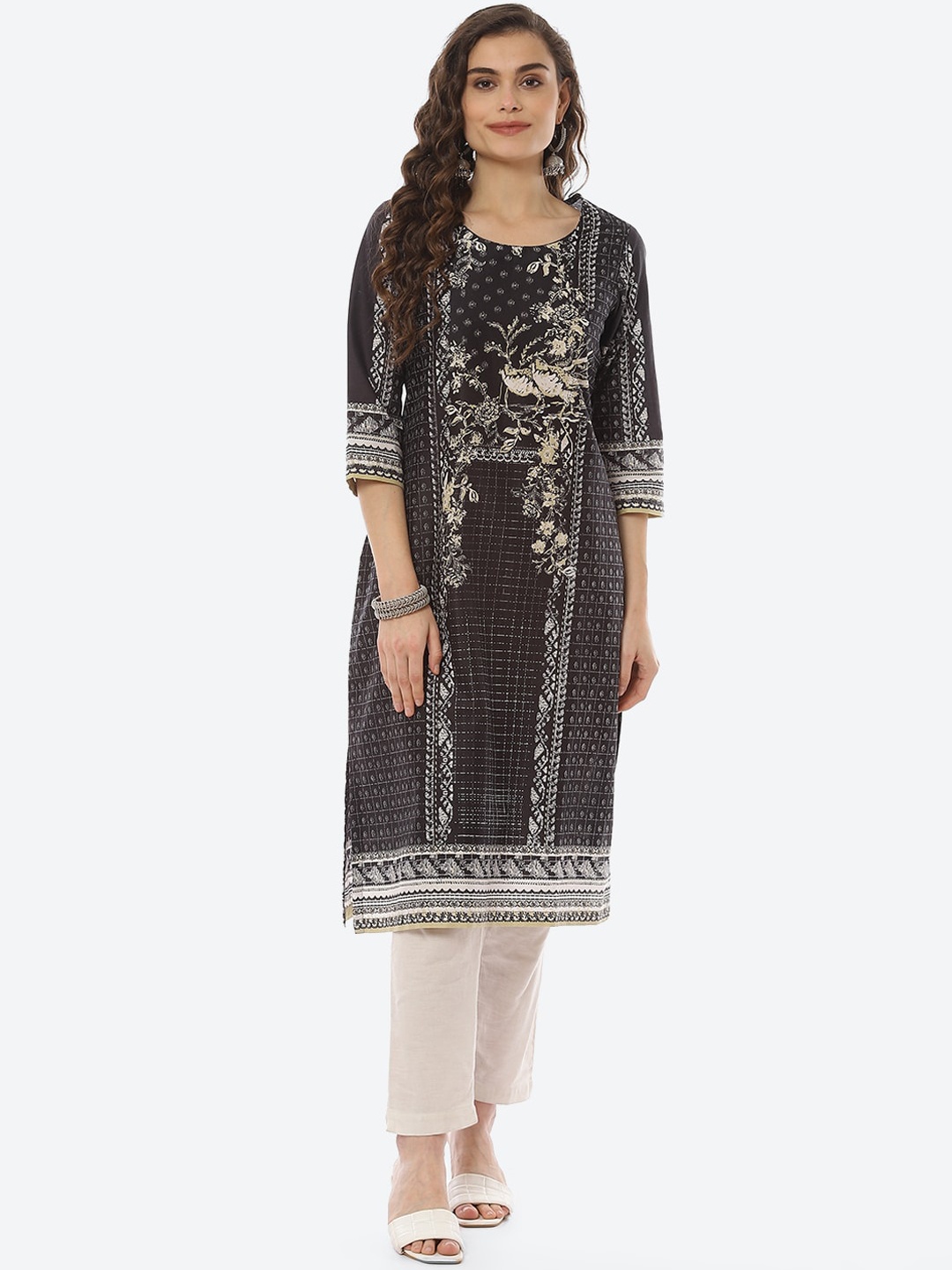 

Biba Women Black Ethnic Motifs Yoke Design Kurta
