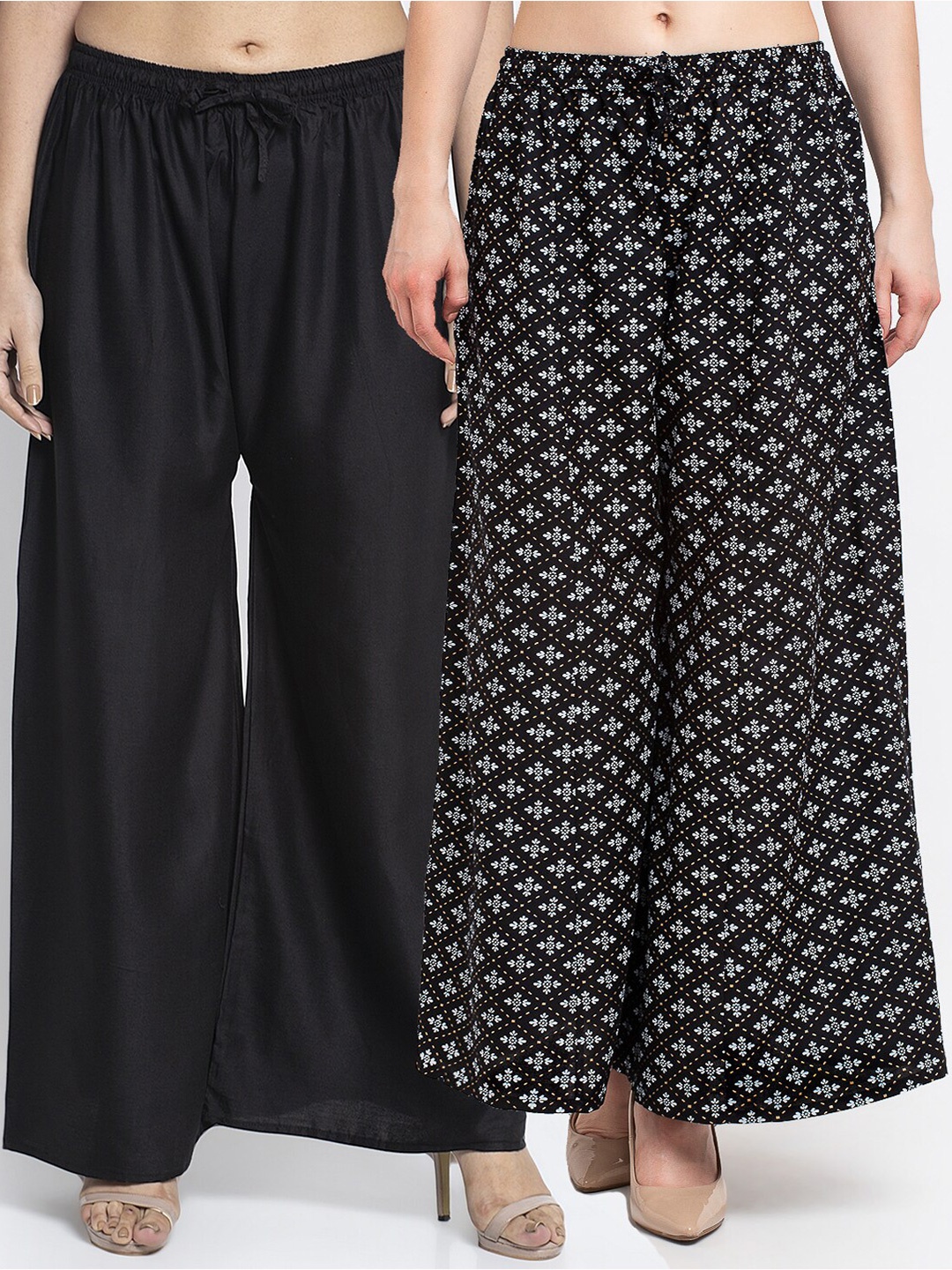 

Jinfo Women Black & White 2 Floral Printed Flared Knitted Palazzos