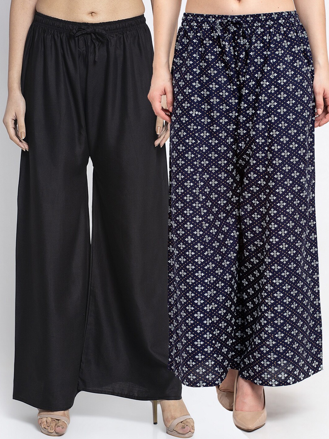 

Jinfo Women Black & Navy Blue 2 Ethnic Motifs Printed Flared Ethnic Palazzos