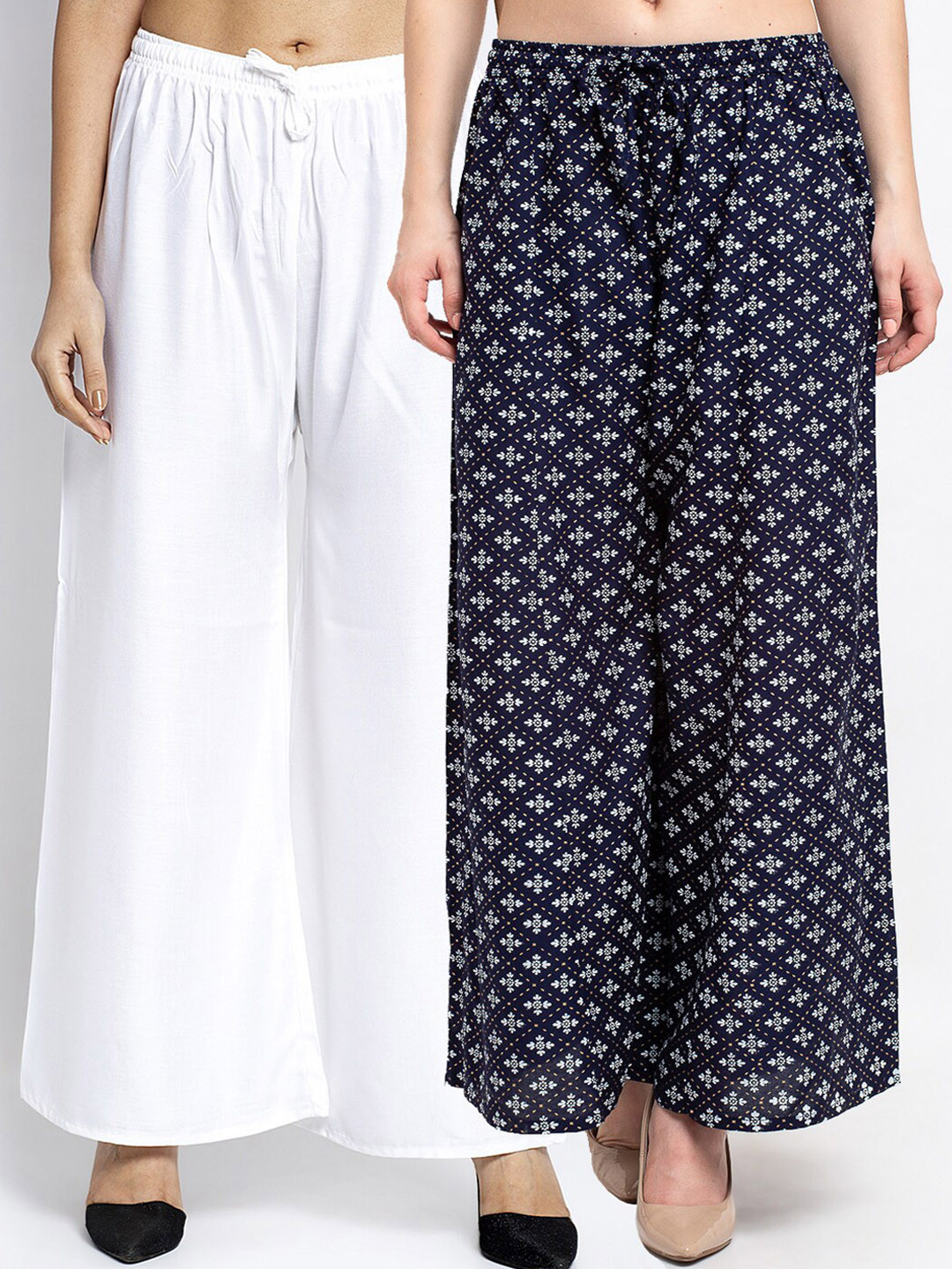 

Jinfo Women White & Navy Blue 2 Knitted Ethnic Palazzos