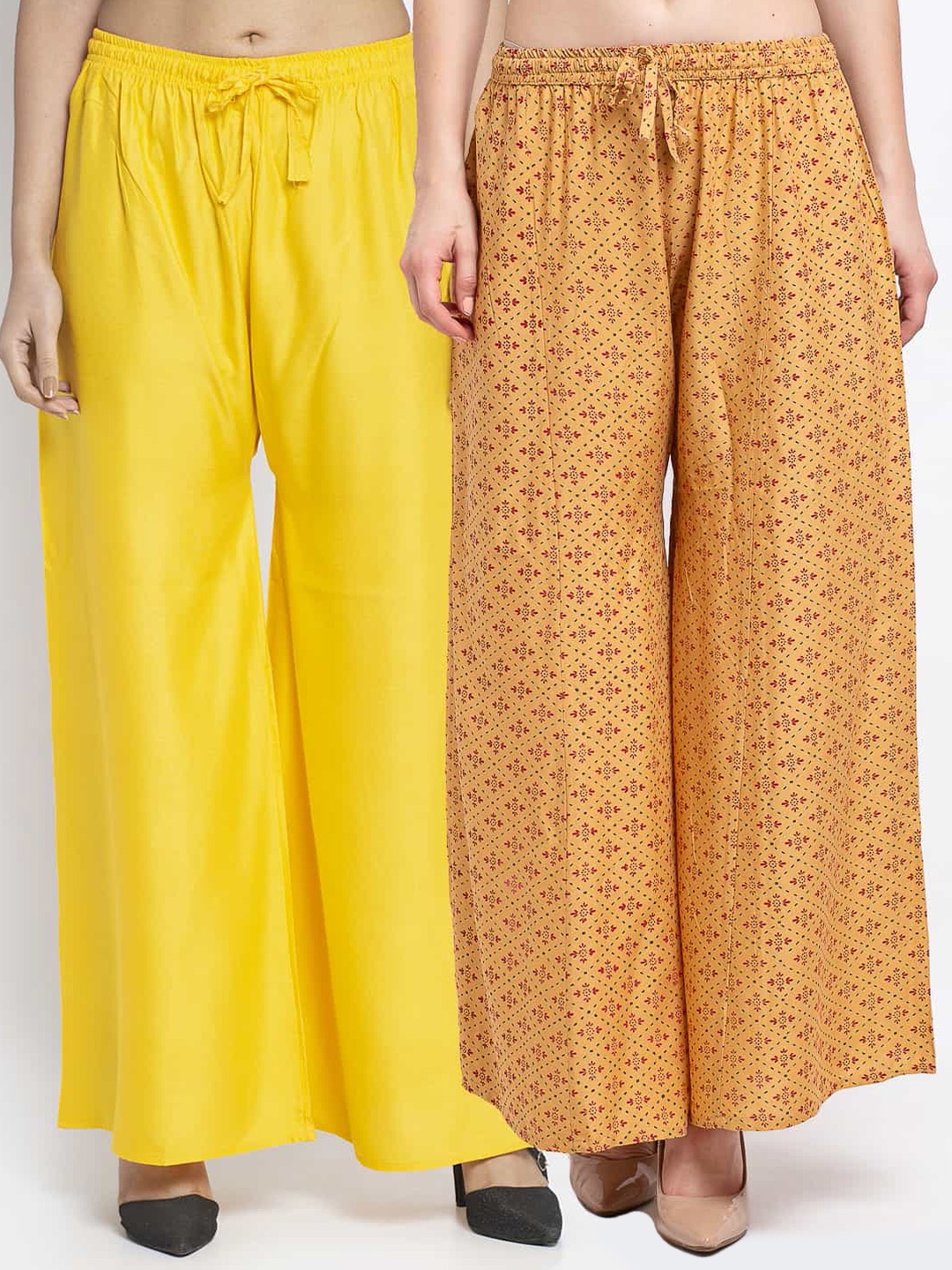 

Jinfo Women Yellow & Cream-Coloured 2 Floral Printed Flared Knitted Palazzos