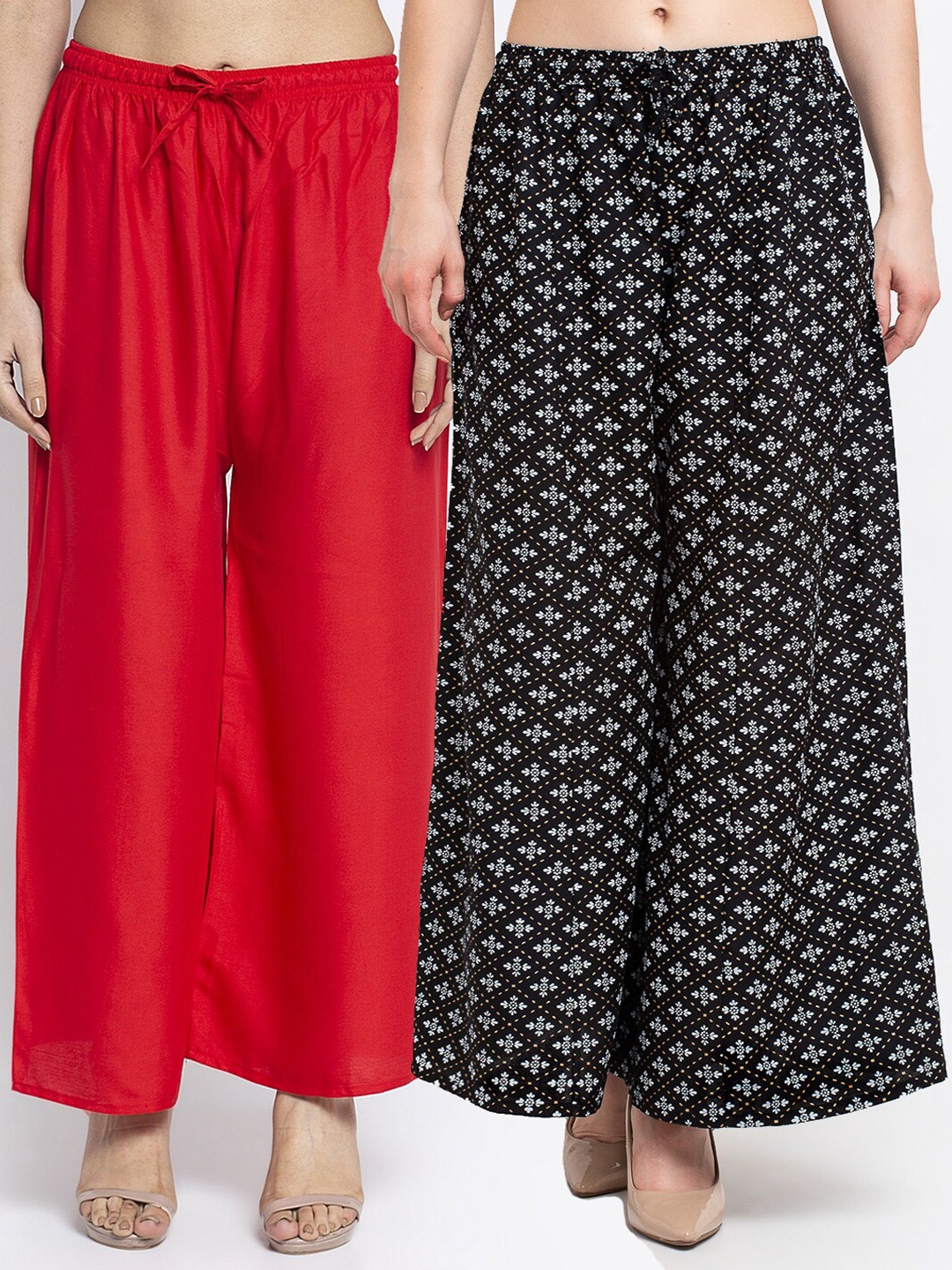 

Jinfo Women Red & Black 2 Ethnic Motifs Printed Flared Knitted Ethnic Palazzos