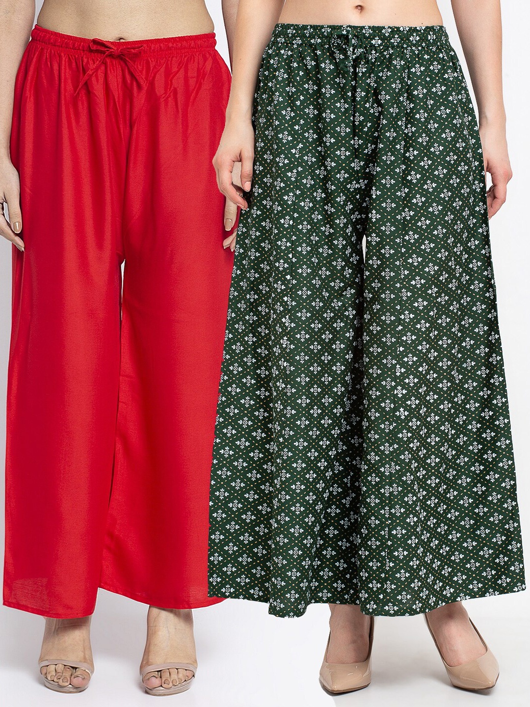 

Jinfo Women Set of 2 Red & Green Floral Printed Flared Knitted Ethnic Palazzos