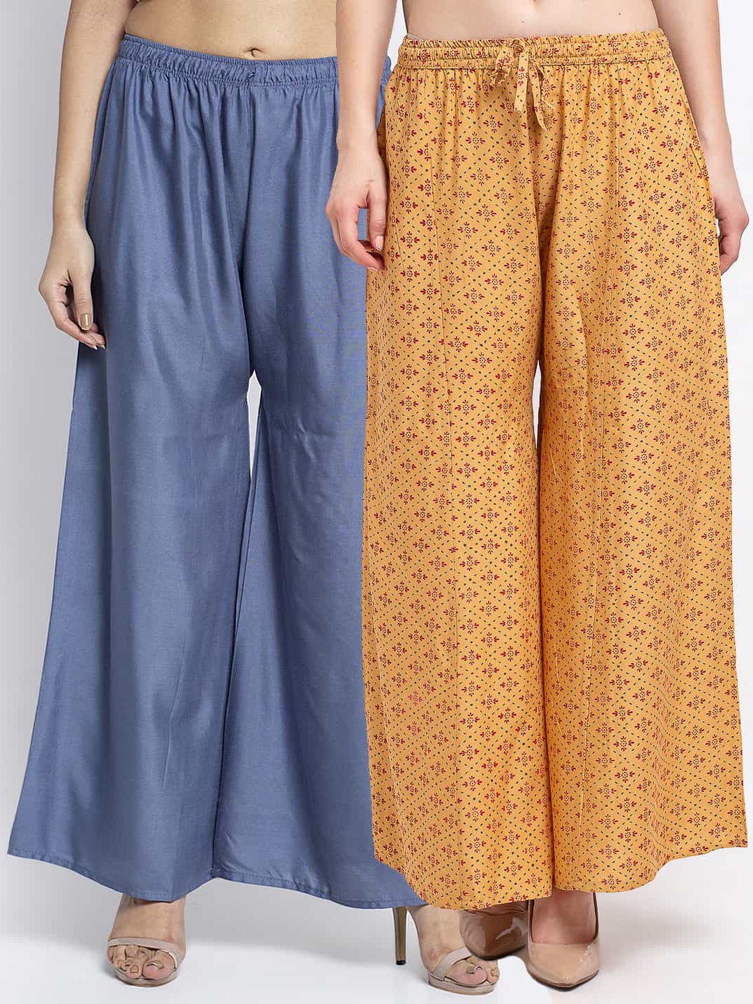 

Jinfo Women Pack Of 2 Grey & Yellow Floral Printed Flared Knitted Ethnic Palazzos