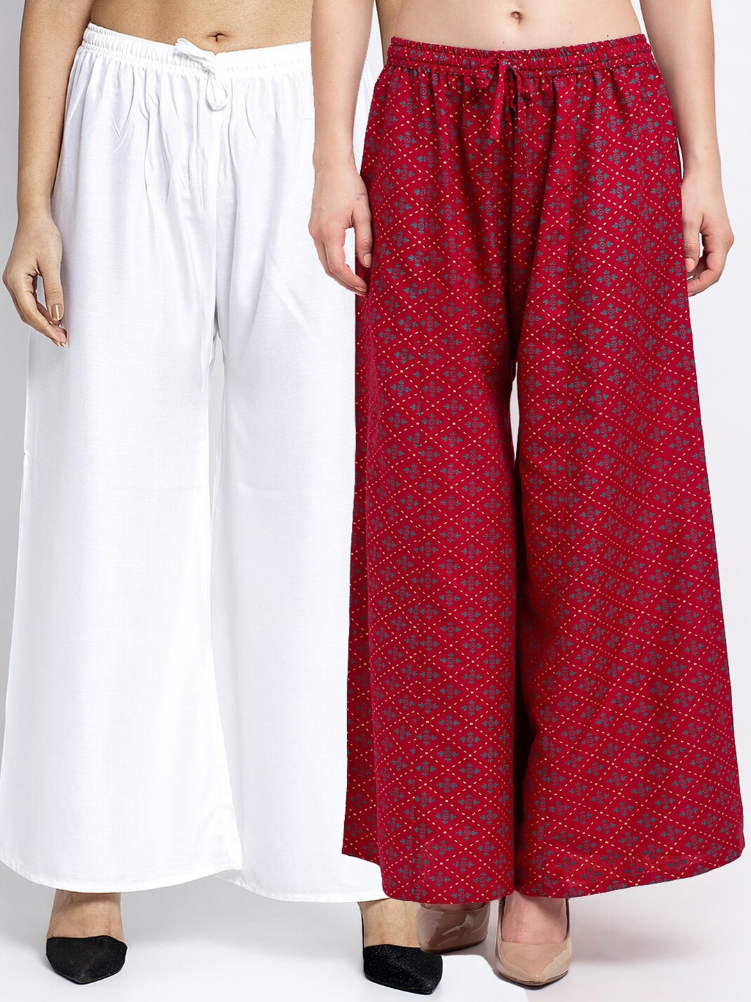 

Jinfo Women Set of 2 White & Maroon Printed Flared Knitted Ethnic Palazzos
