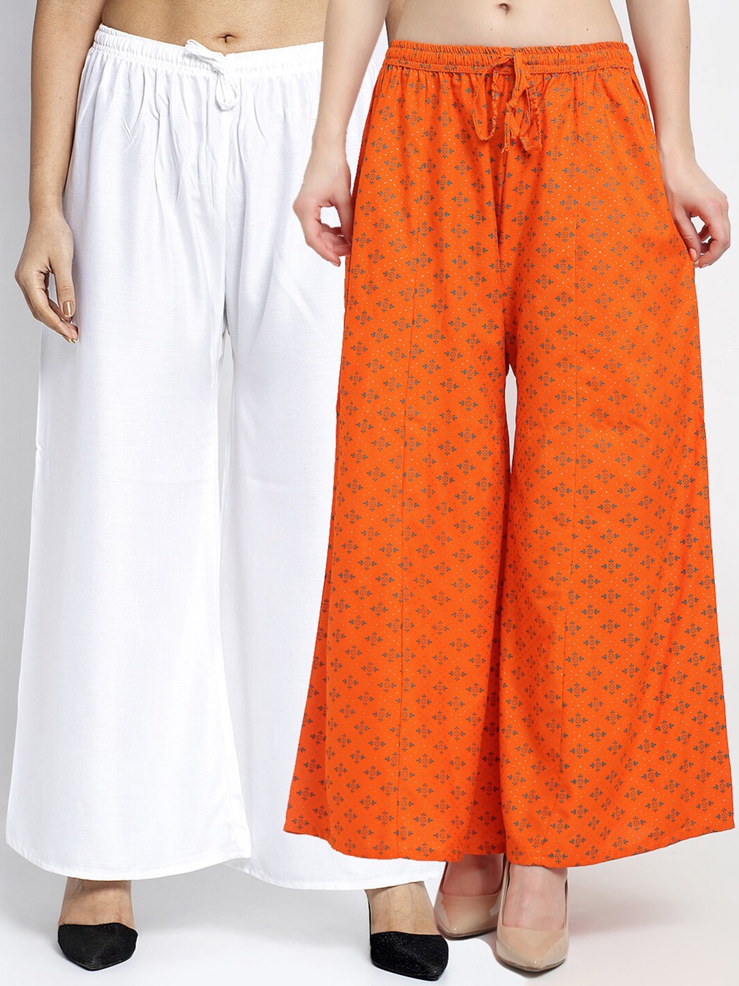 

Jinfo Women White & Orange 2 Floral Printed Flared Knitted Palazzos