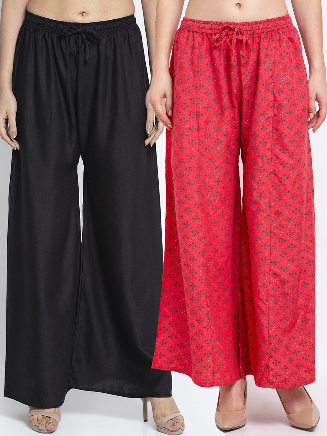 

Jinfo Women Pack of 2 Black & Pink Floral Printed Flared Knitted Ethnic Palazzos