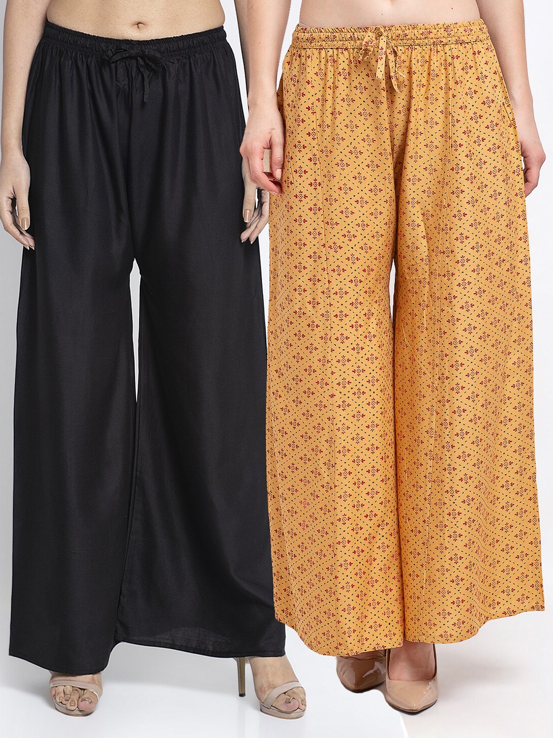 

Jinfo Women Black & Beige 2 Floral Printed Flared Knitted Palazzos