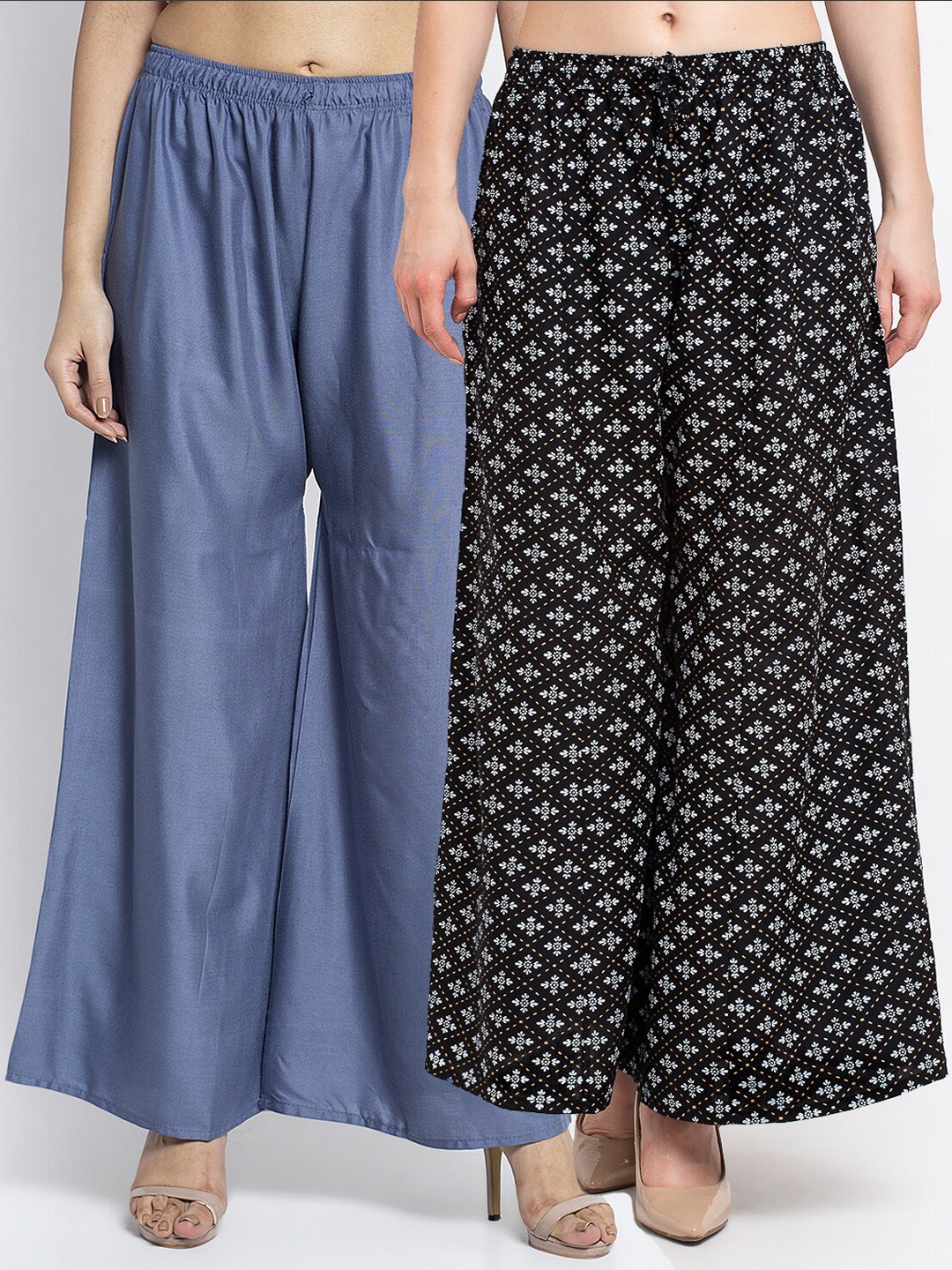 

Jinfo Women Pack of 2 Ethnic Motifs Printed Flared Knitted Ethnic Palazzos, Grey
