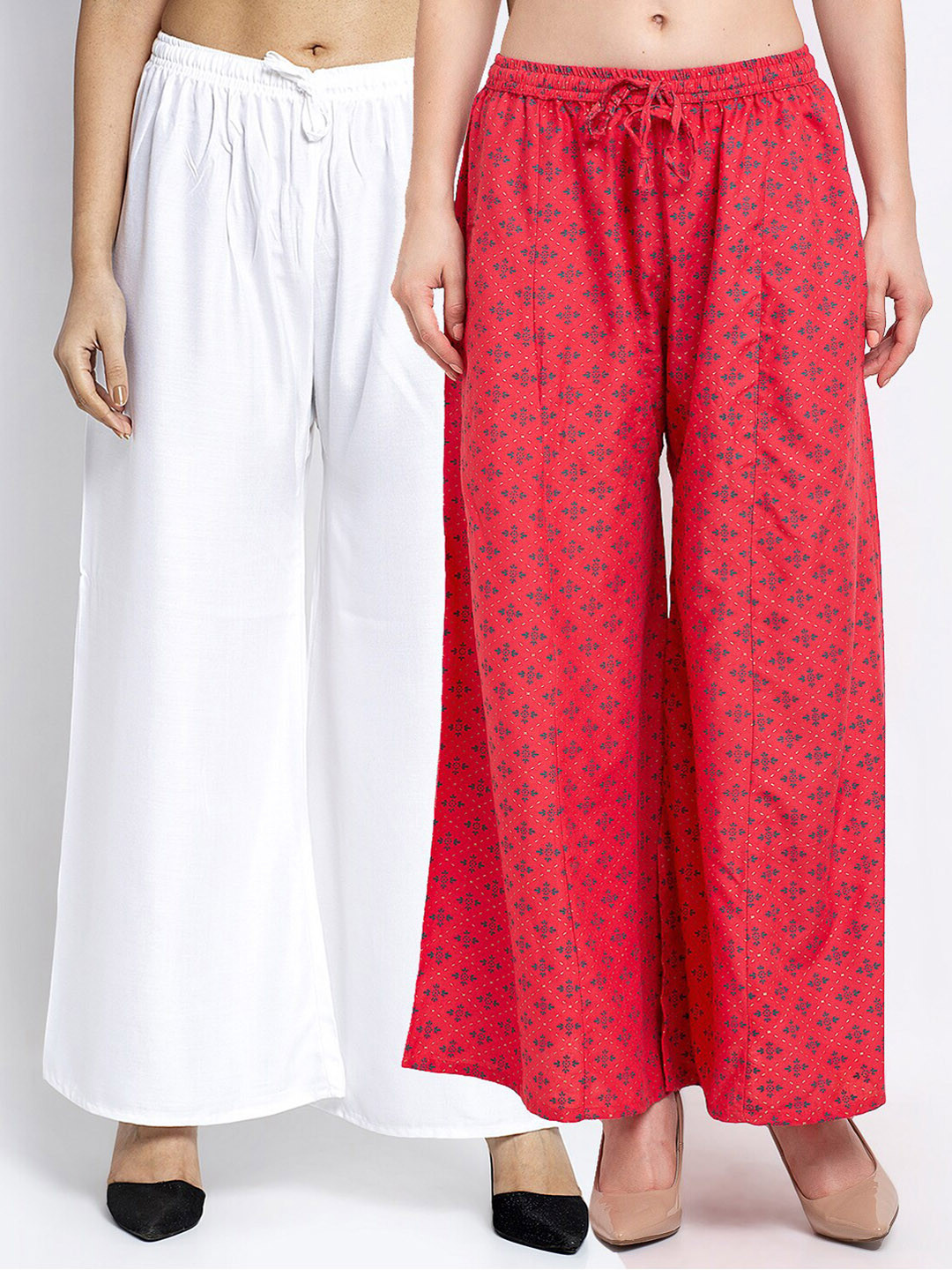 

Jinfo Women Pack Of 2 White & Coral Pink Ethnic Motifs Printed Ethnic Palazzos