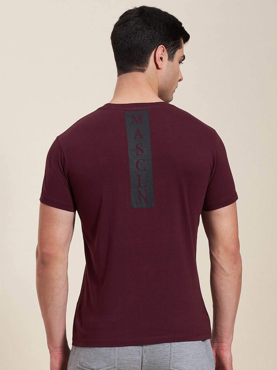 

MASCLN SASSAFRAS Men Burgundy Brand Logo Print Cotton Slim Fit T-shirt
