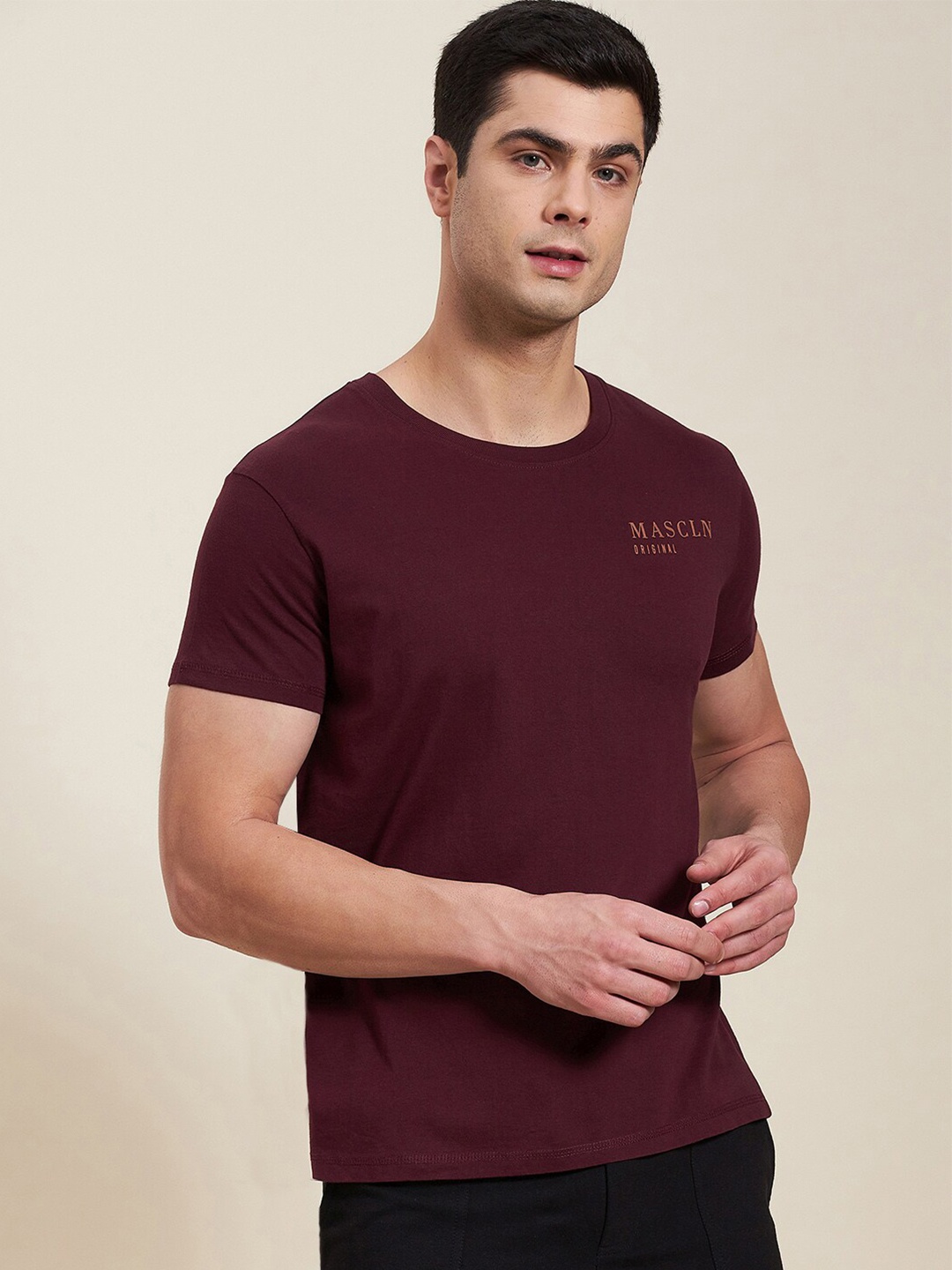 

MASCLN SASSAFRAS Men Burgundy Slim Fit T-shirt