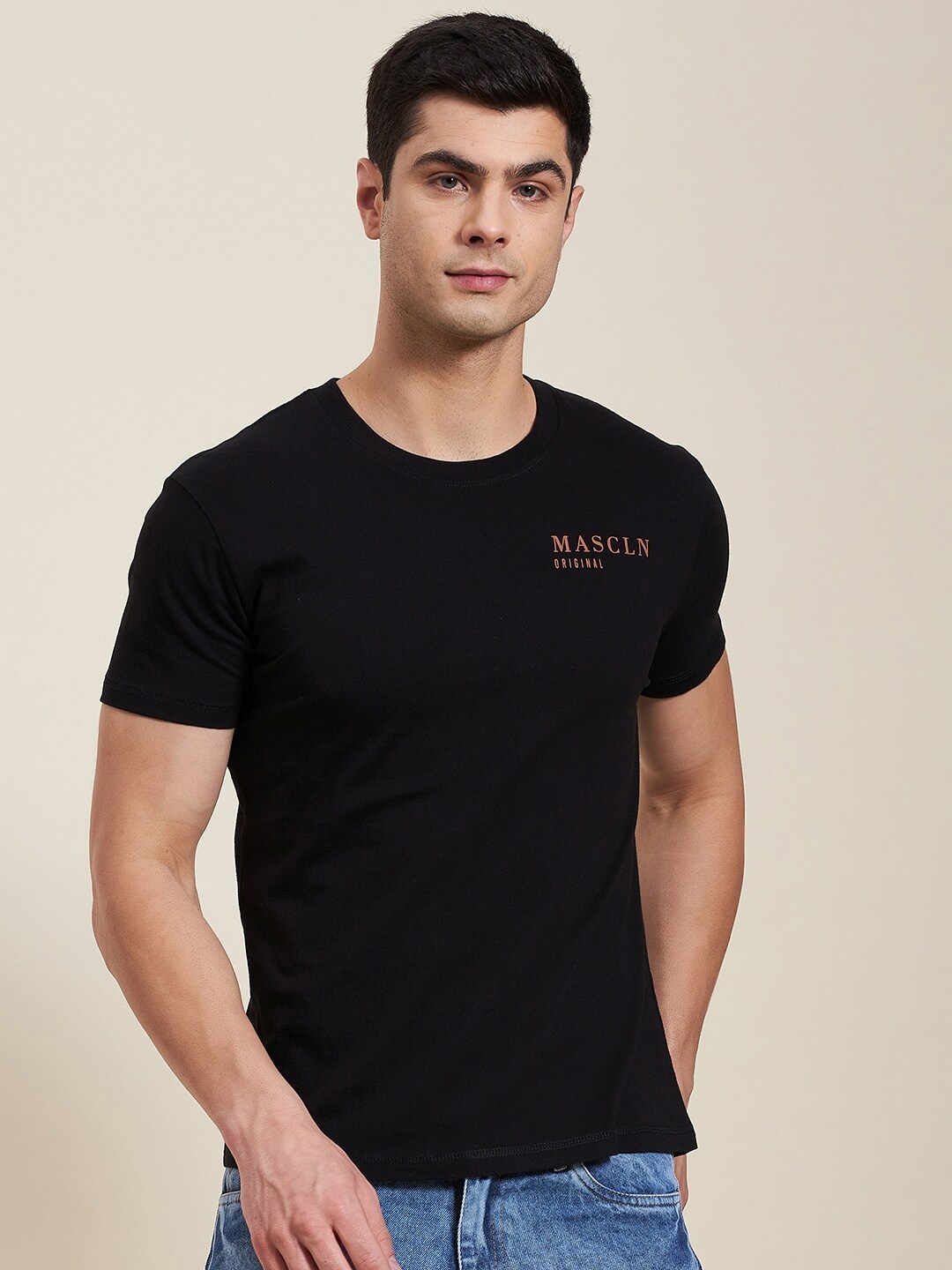 

MASCLN SASSAFRAS Men Black Typography Slim Fit Cotton T-shirt