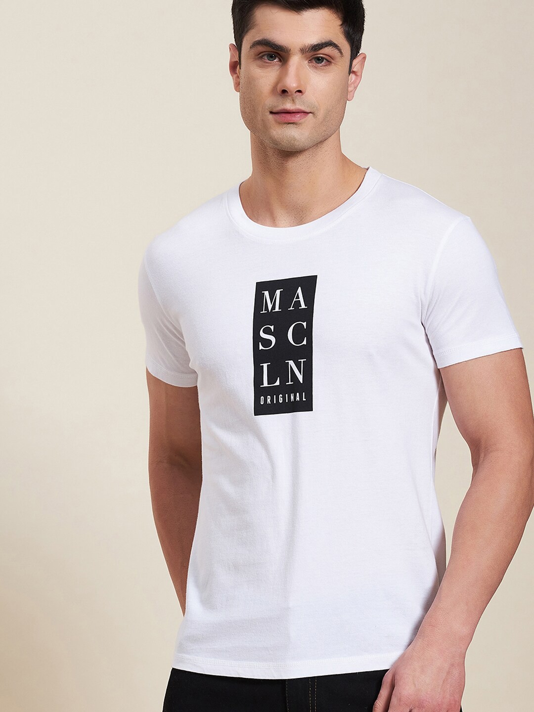 

MASCLN SASSAFRAS Men White Brand Logo Print Cotton Slim Fit T-shirt