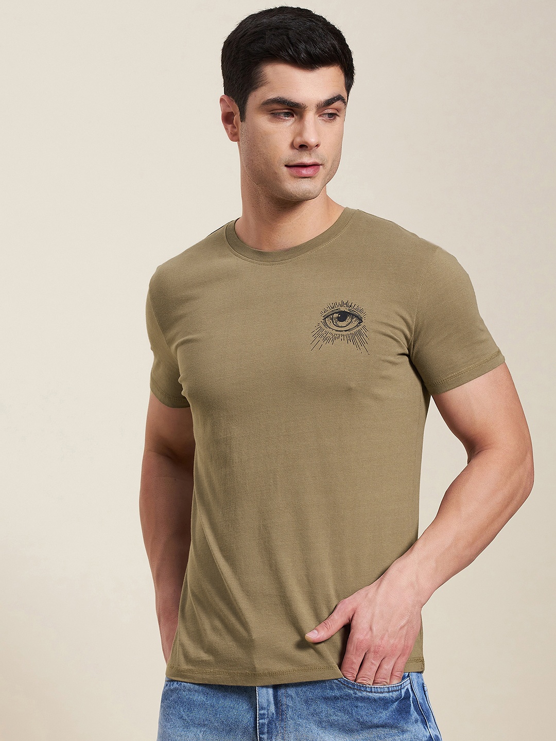 

MASCLN SASSAFRAS Men Khaki Slim Fit Pure Cotton T-shirt
