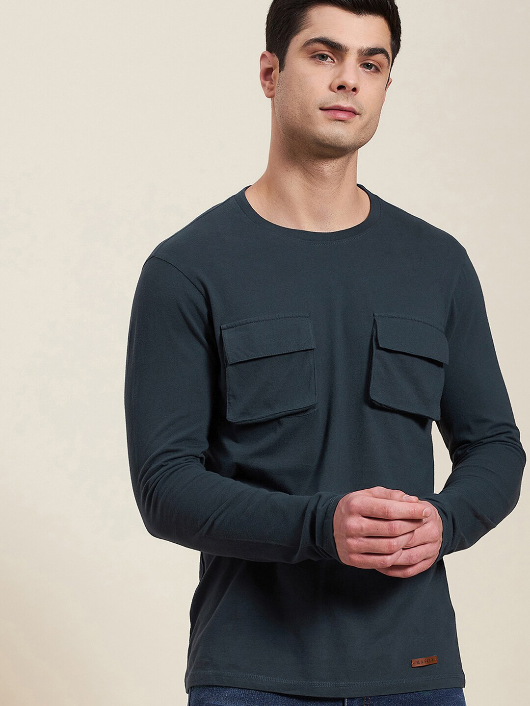 

MASCLN SASSAFRAS Men Blue Regular Fit Double Pocket Pure Cotton T-shirt