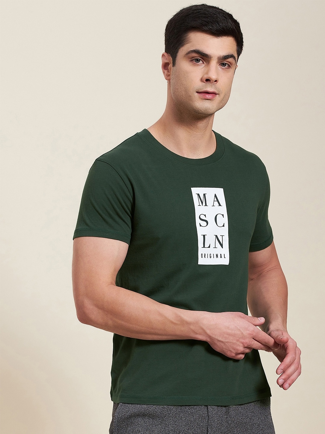 

MASCLN SASSAFRAS Men Olive Green & White Printed Slim Fit Round Neck Cotton T-shirt