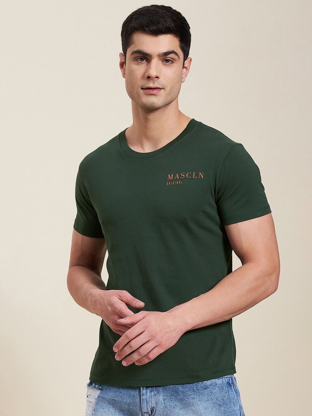 

MASCLN SASSAFRAS Men Olive Green Solid Pure Cotton Slim Fit T-shirt