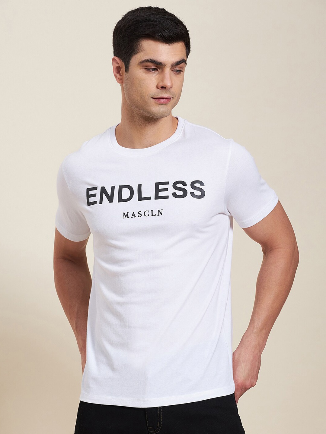 

MASCLN SASSAFRAS Men White & Black Typography Printed Raw Edge Pure Cotton T-shirt