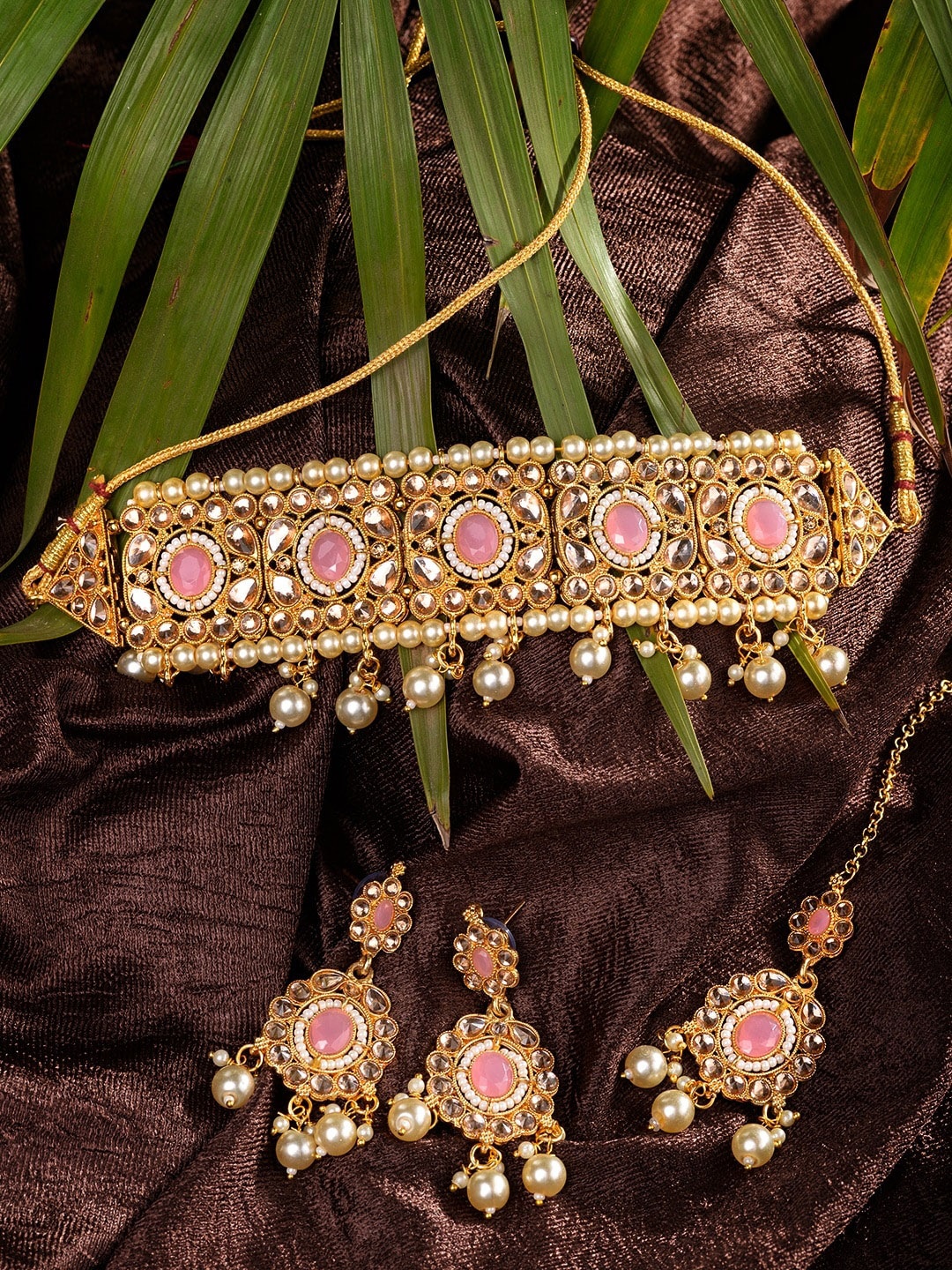 

Saraf RS Jewellery Gold-Plated Pink AD & Pearl Studded Floral Choker Set