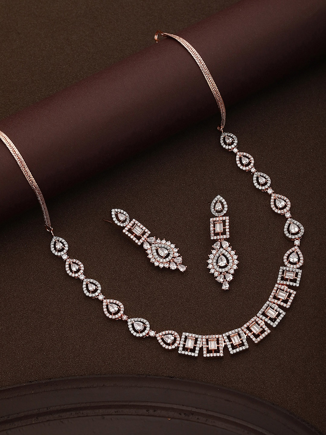 

Saraf RS Jewellery Rose Gold-Plated American Diamond Studded Jewellery Set, White