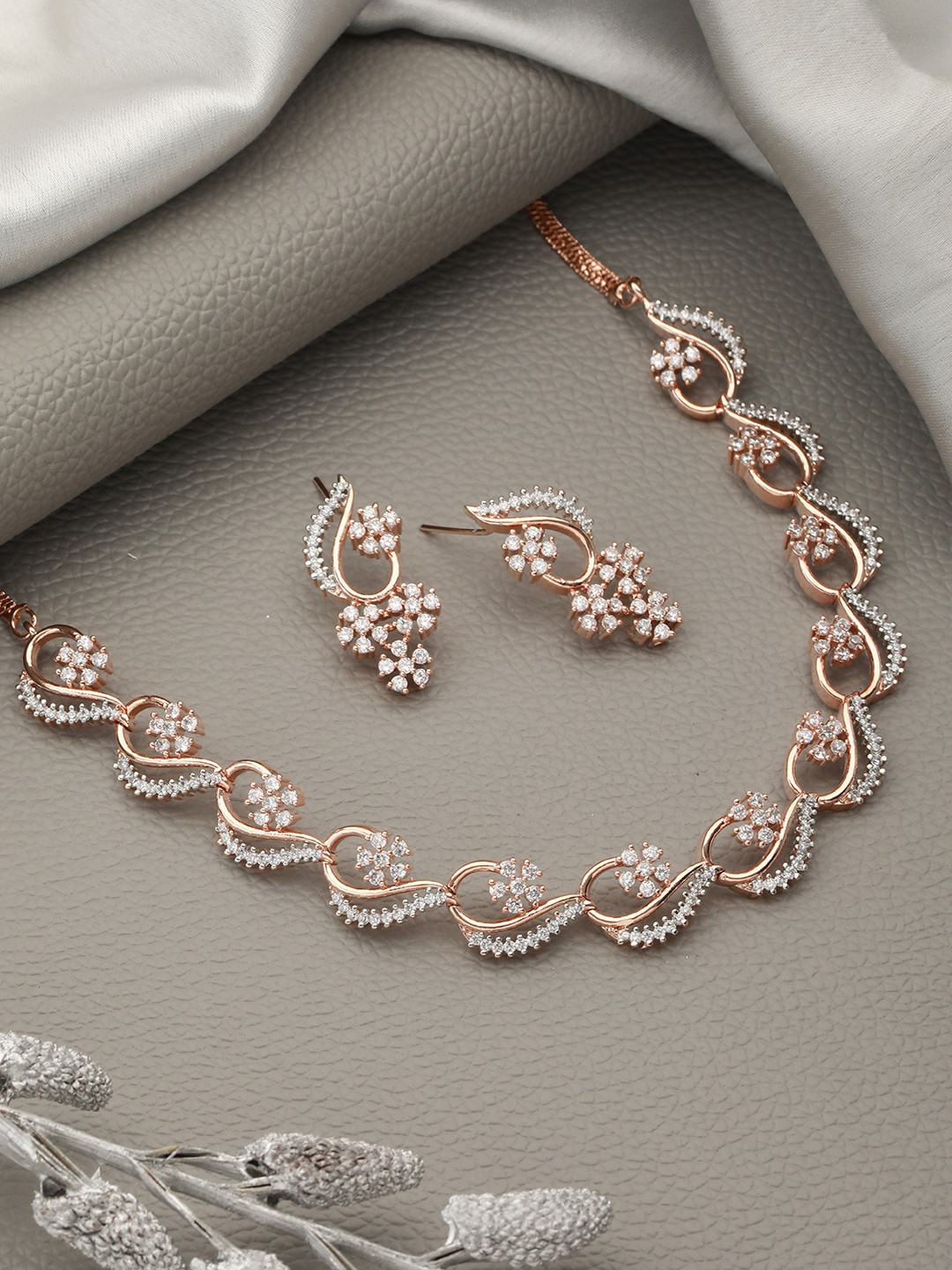 

Saraf RS Jewellery Rose Gold-Plated White AD-Studded Jewellery Set