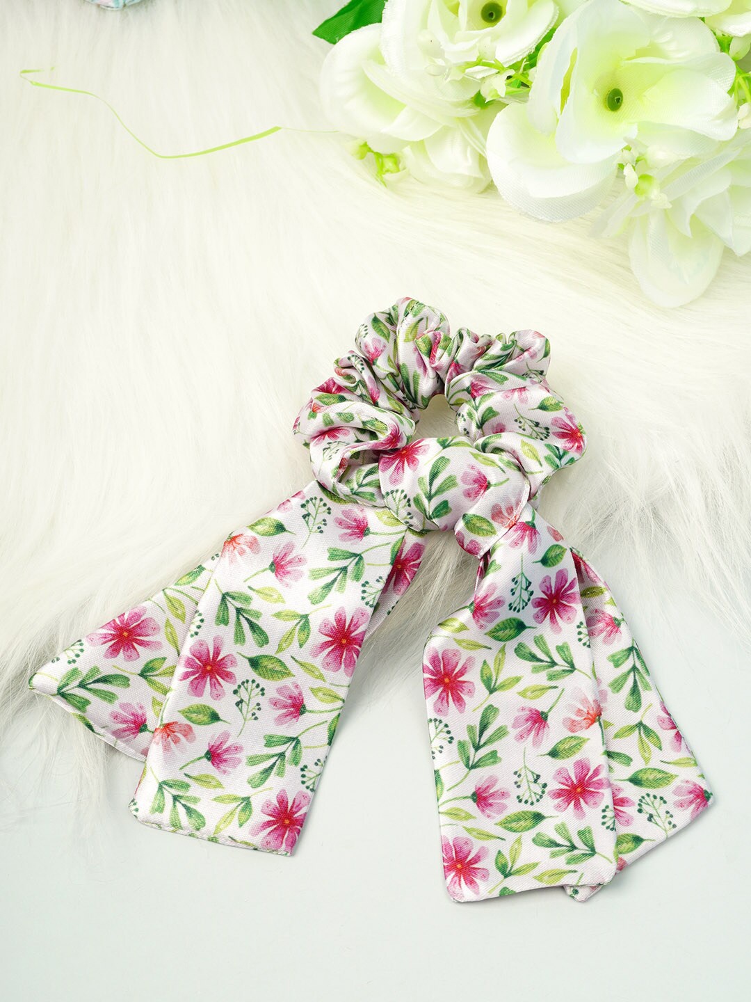 

Ferosh Women White & Pink Floral Printed Tail Scrunchie