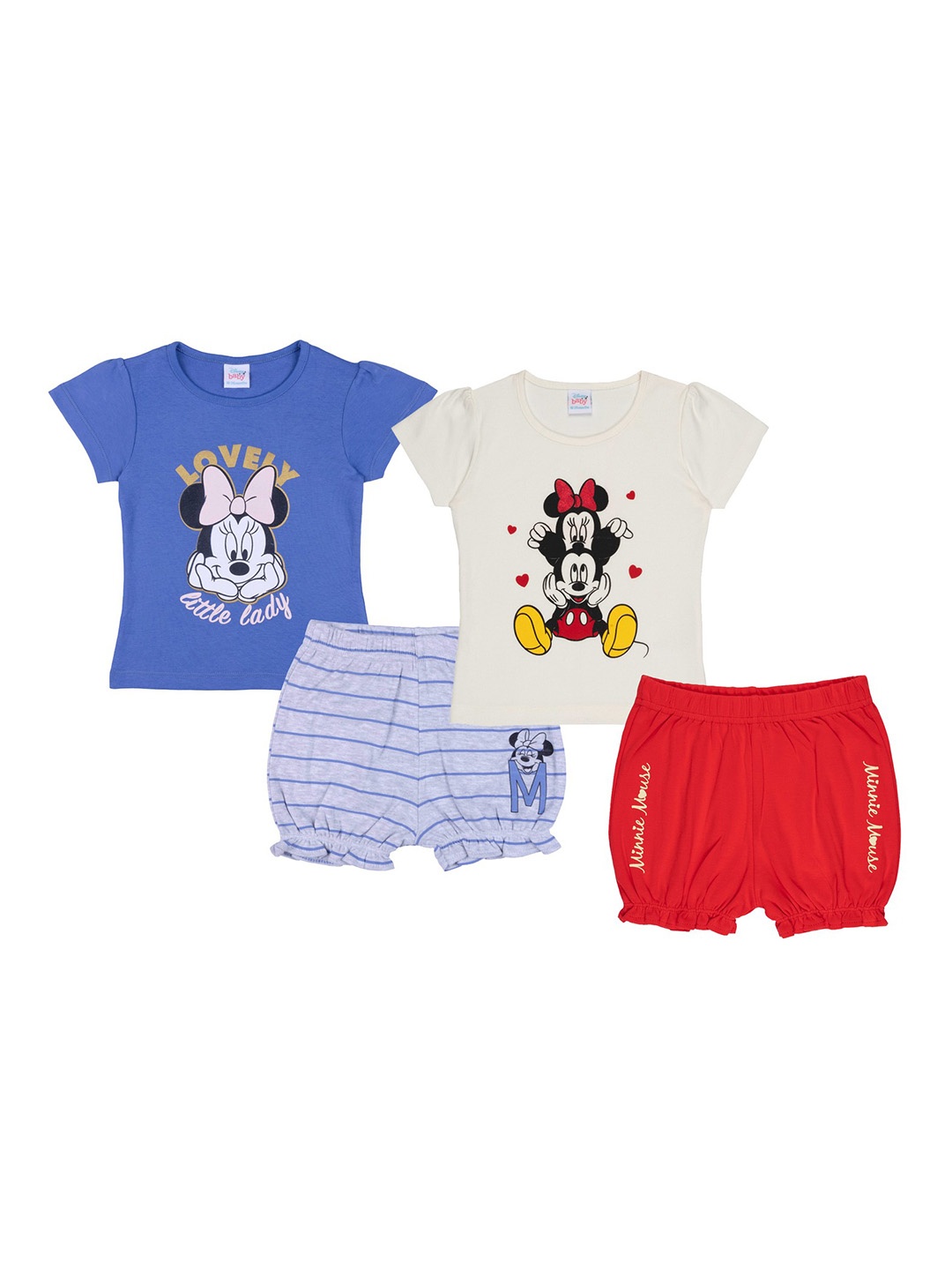 

Disney Unisex Kids Blue & Red Cotton Mickey & Minnie Graphic Printed T-shirt with Shorts