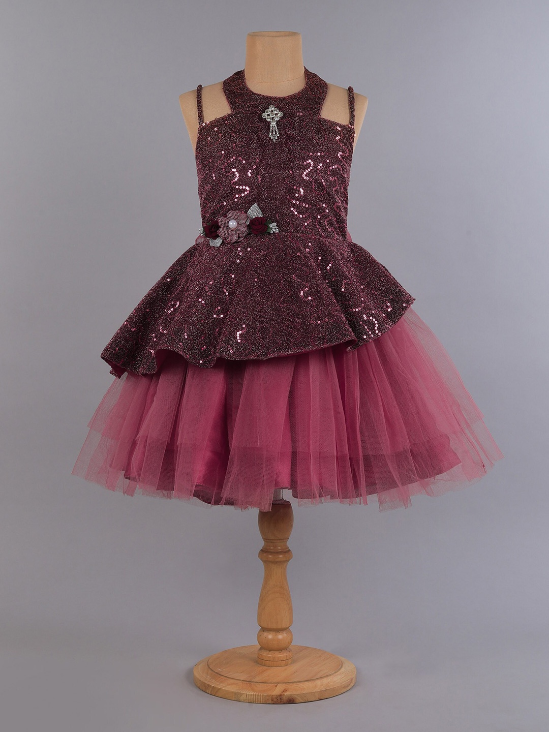 

The Magic Wand Girls Maroon Sequined Halter Neck Dress