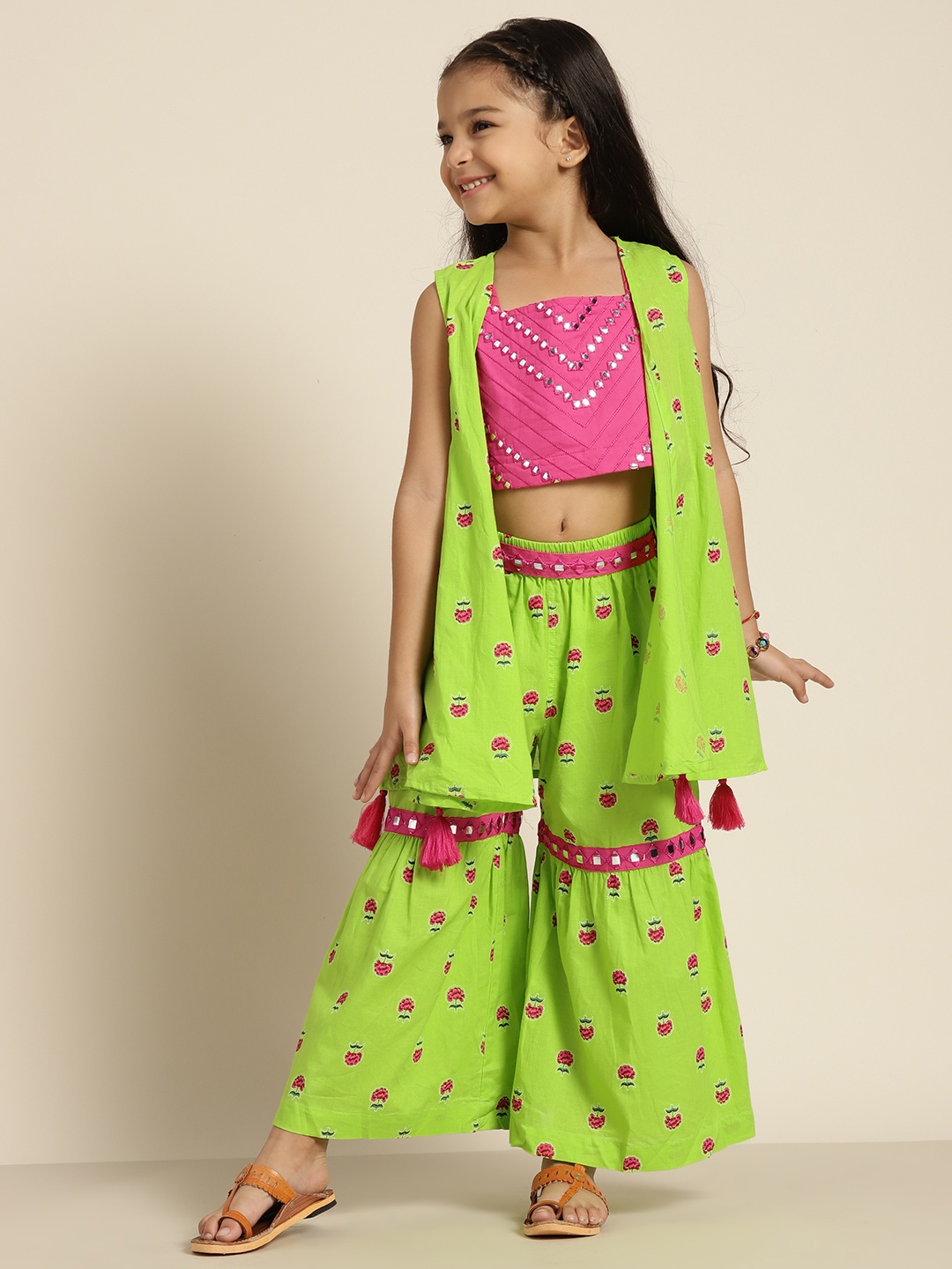 

Sangria Girls Fuchsia & Green Pure Cotton Mirror Embellished Top & Sharara with Srug