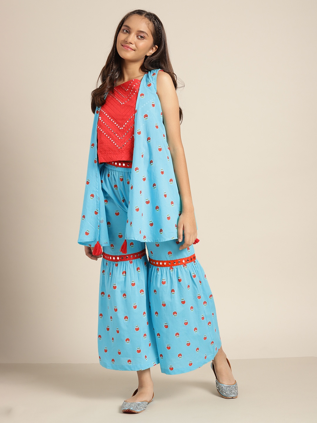 

Sangria Girls Blue & Red Pure Cotton Mirror Embellished Top & Sharara with Srug