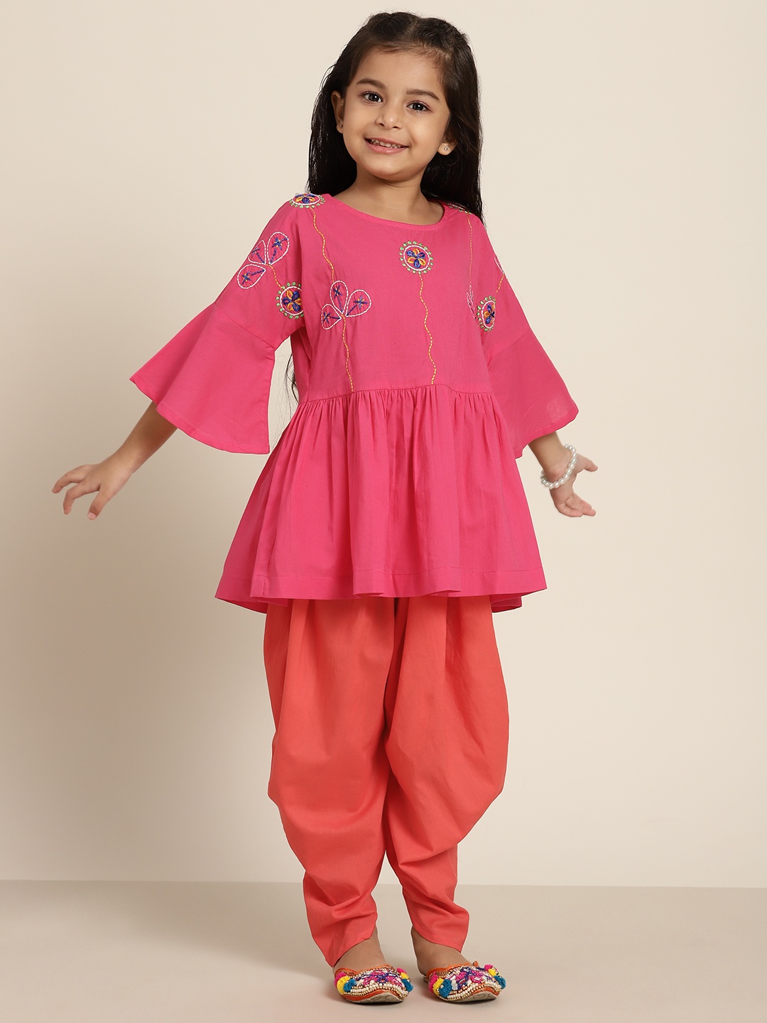 

Sangria Girls Fuchsia & Coral Pure Cotton Thread Work Top with Dhoti Pants