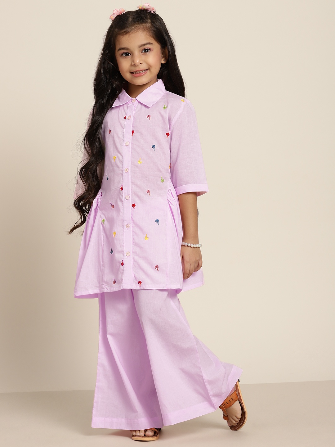 

Sangria Girls Pink & Blue Embroidered Kurta & Solid Palazzos