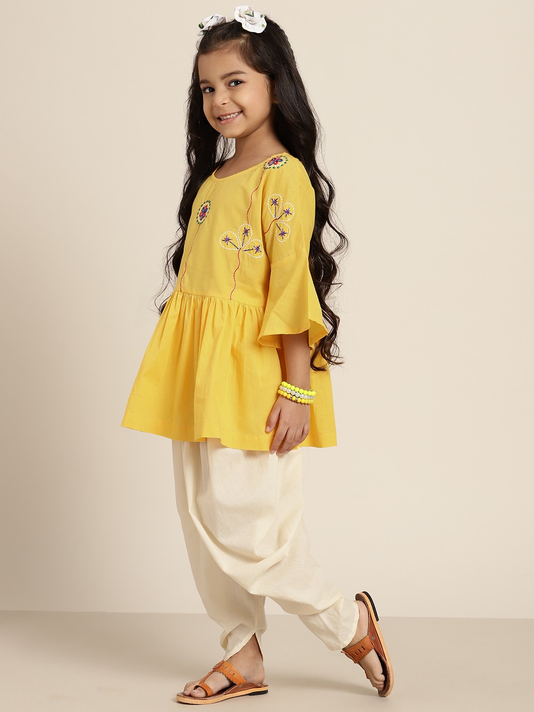 

Sangria Girls Mustard Yellow & Off-White Pure Cotton Embroidered Top with Dhoti Pants