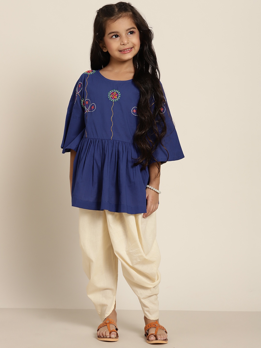 

Sangria Girls Navy Blue Ethnic Motifs Embroidered Pure Cotton Kurti with Dhoti Pants