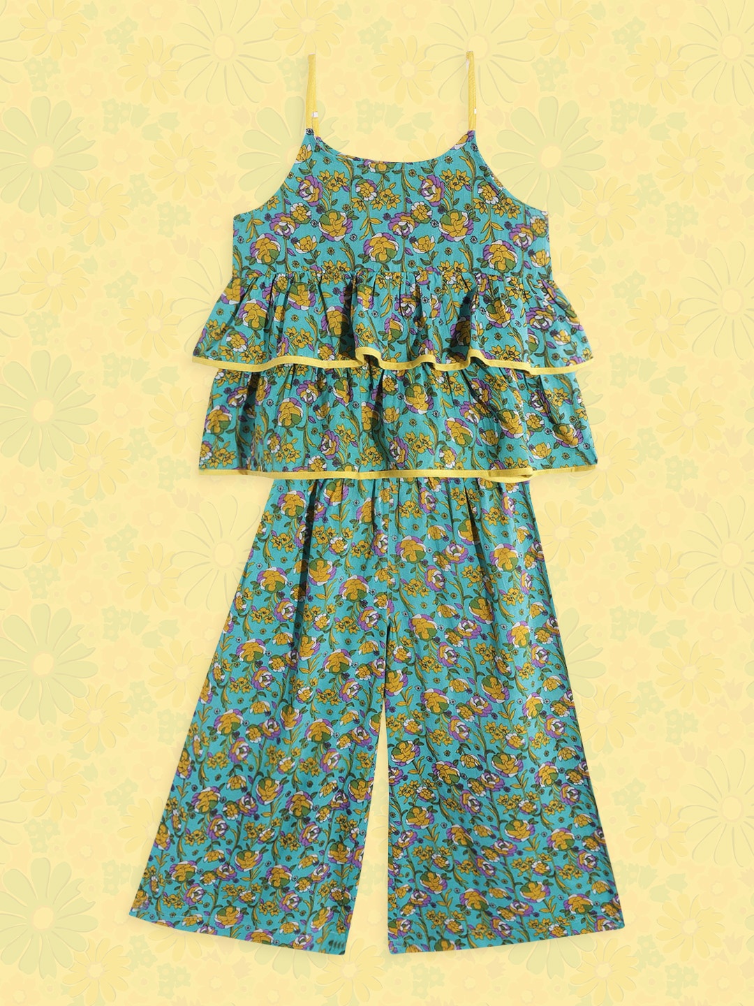 

Sangria Girls Turquoise Blue & Yellow Pure Cotton Floral Print Top & Trouser