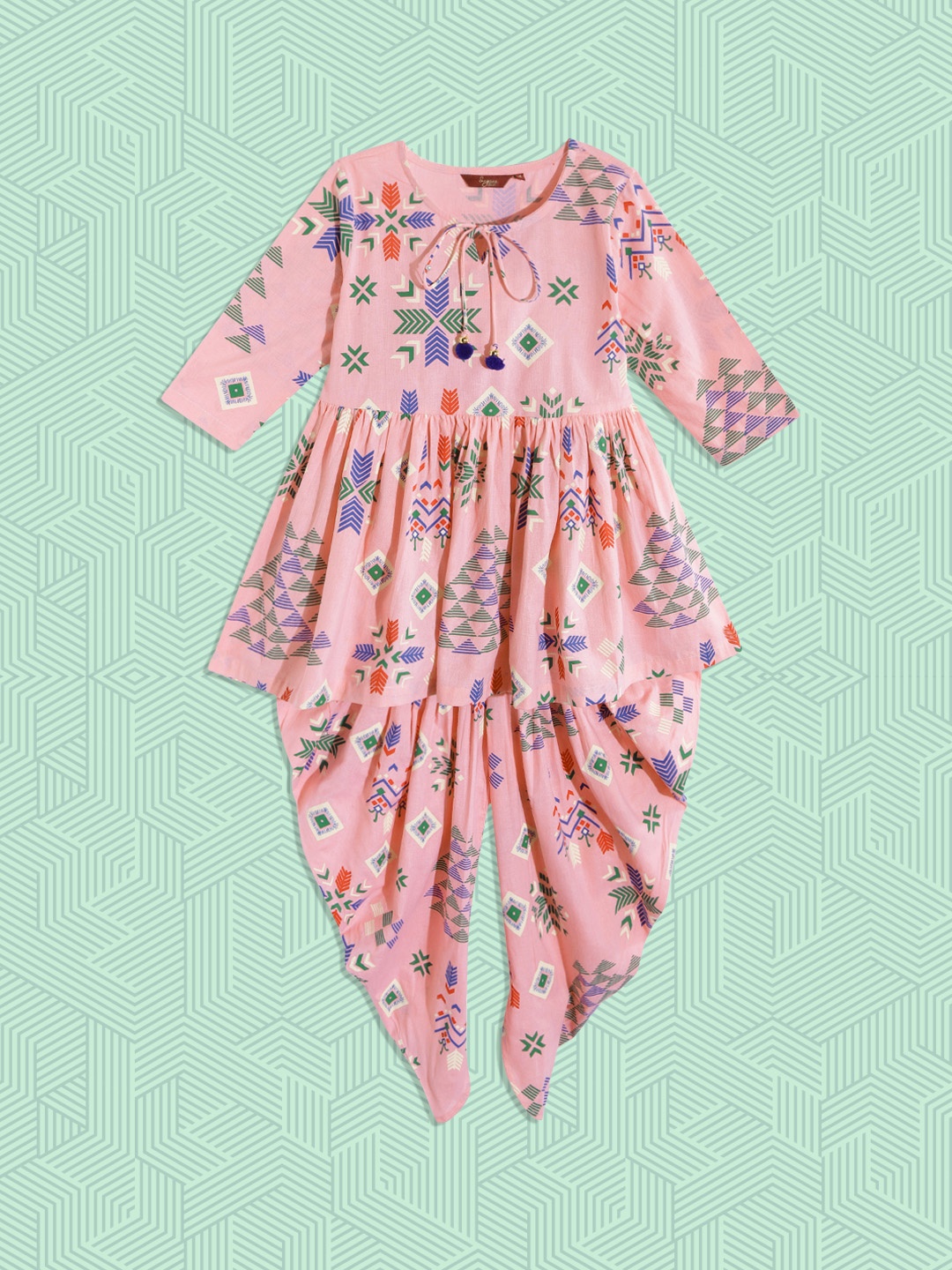 

Sangria Girls Pink & Blue Ethnic Motifs Printed Aanarkali Kurta with Patiala Salwar
