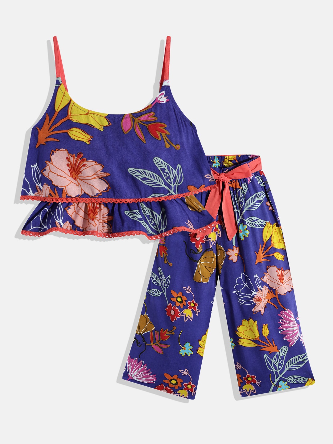 

Sangria Girls Blue & Pink Floral Pure Cotton Printed Top with Palazzos