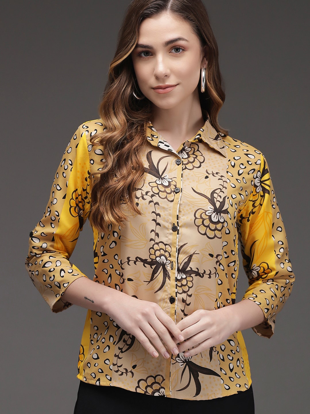 

Darzi Women Mustard Custom Floral Printed Casual Shirt