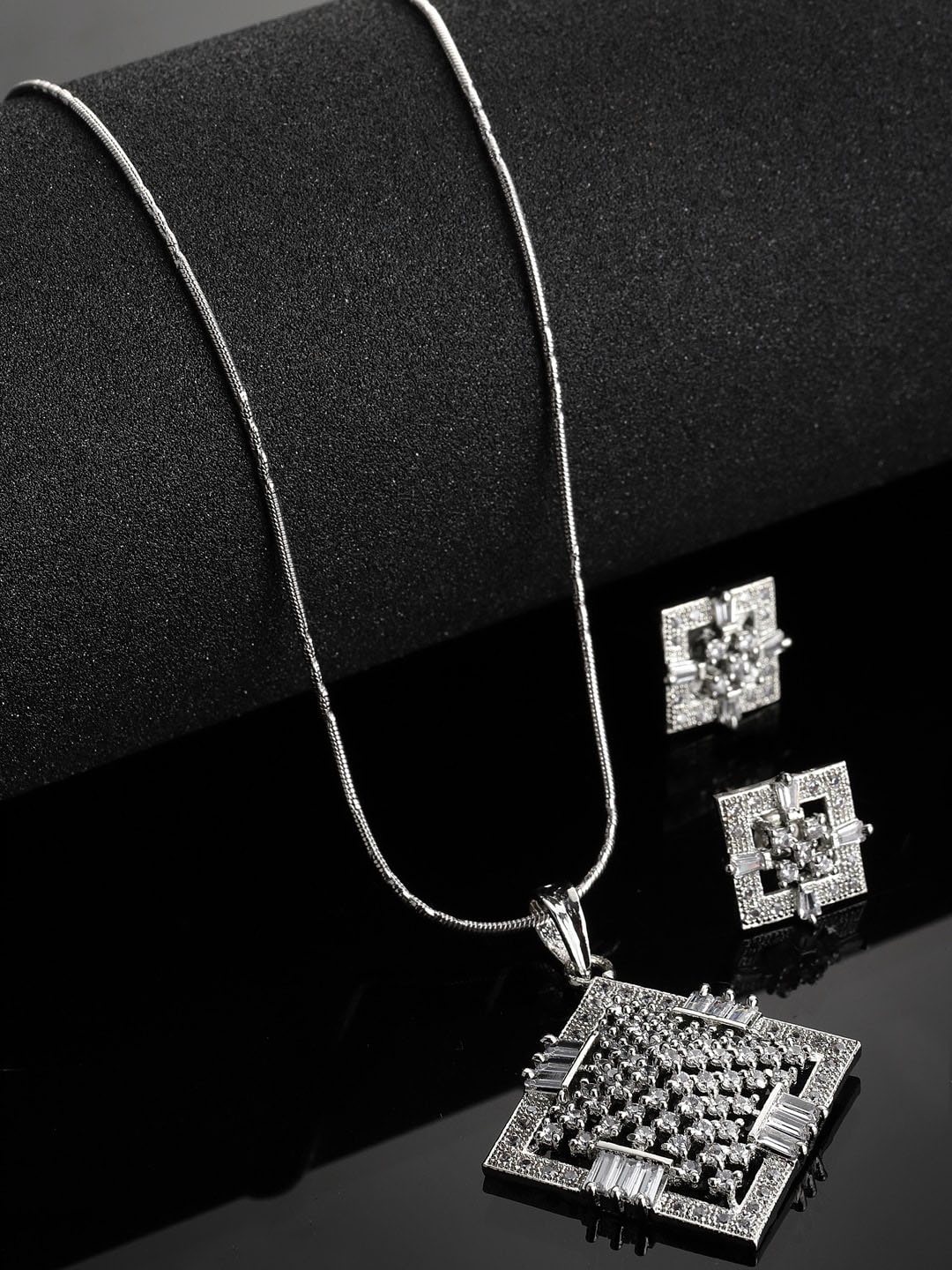 

PANASH Silver-Plated & White CZ-Studded Square Shape Jewellery Set