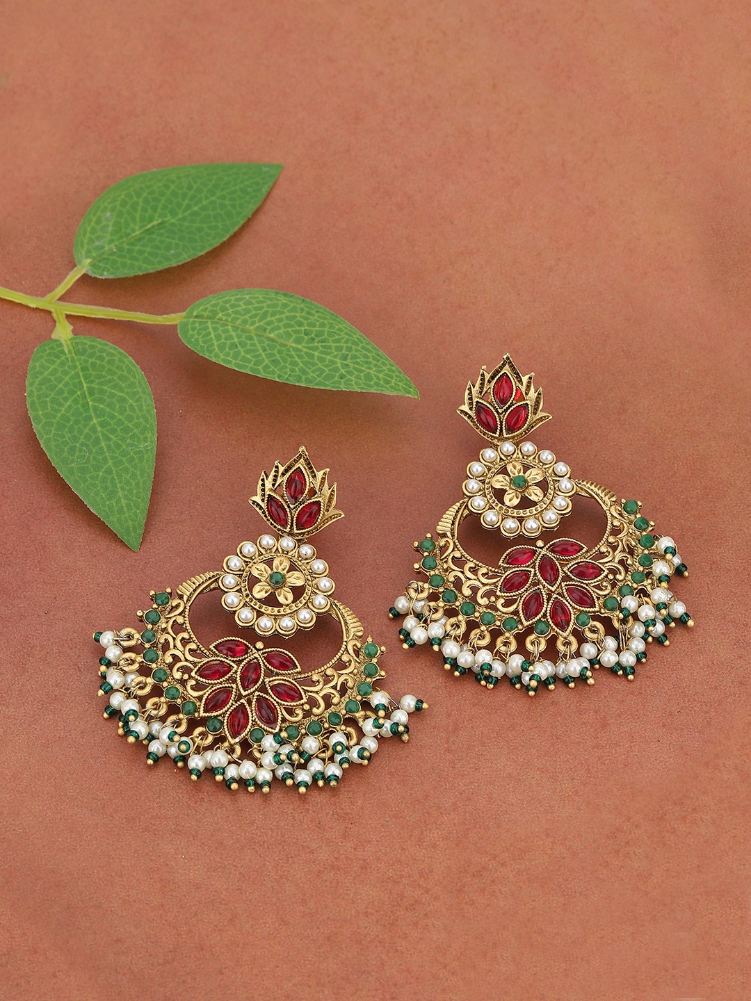 

KOLHA-BY CARLTON Gold-Toned & Pink Stone Studded Classic Chandbalis