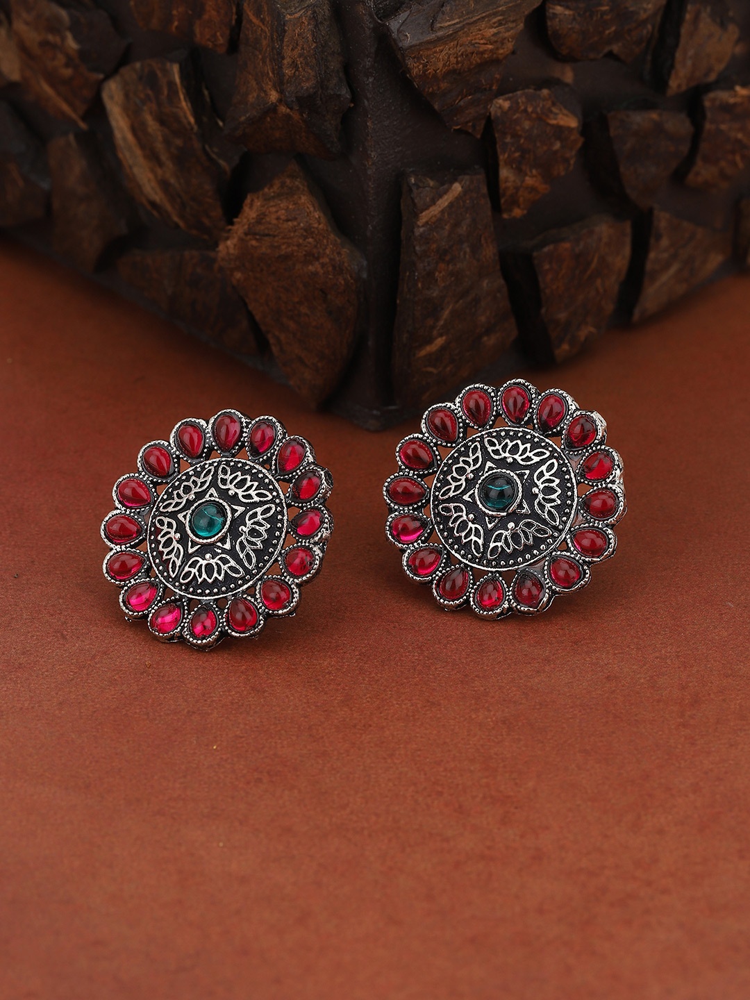 

KOLHA-BY CARLTON Silver-Toned & Pink Stone Studded Floral Studs