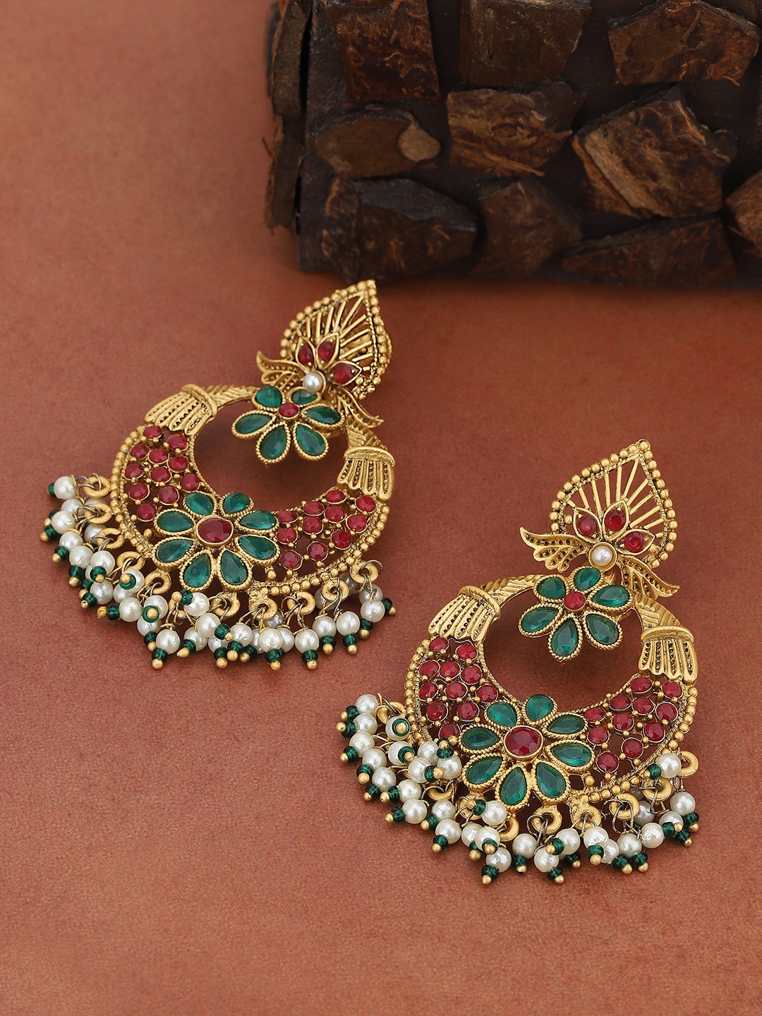 

KOLHA-BY CARLTON Gold-Toned & Green Stone Studded & Beaded Classic Chandbalis